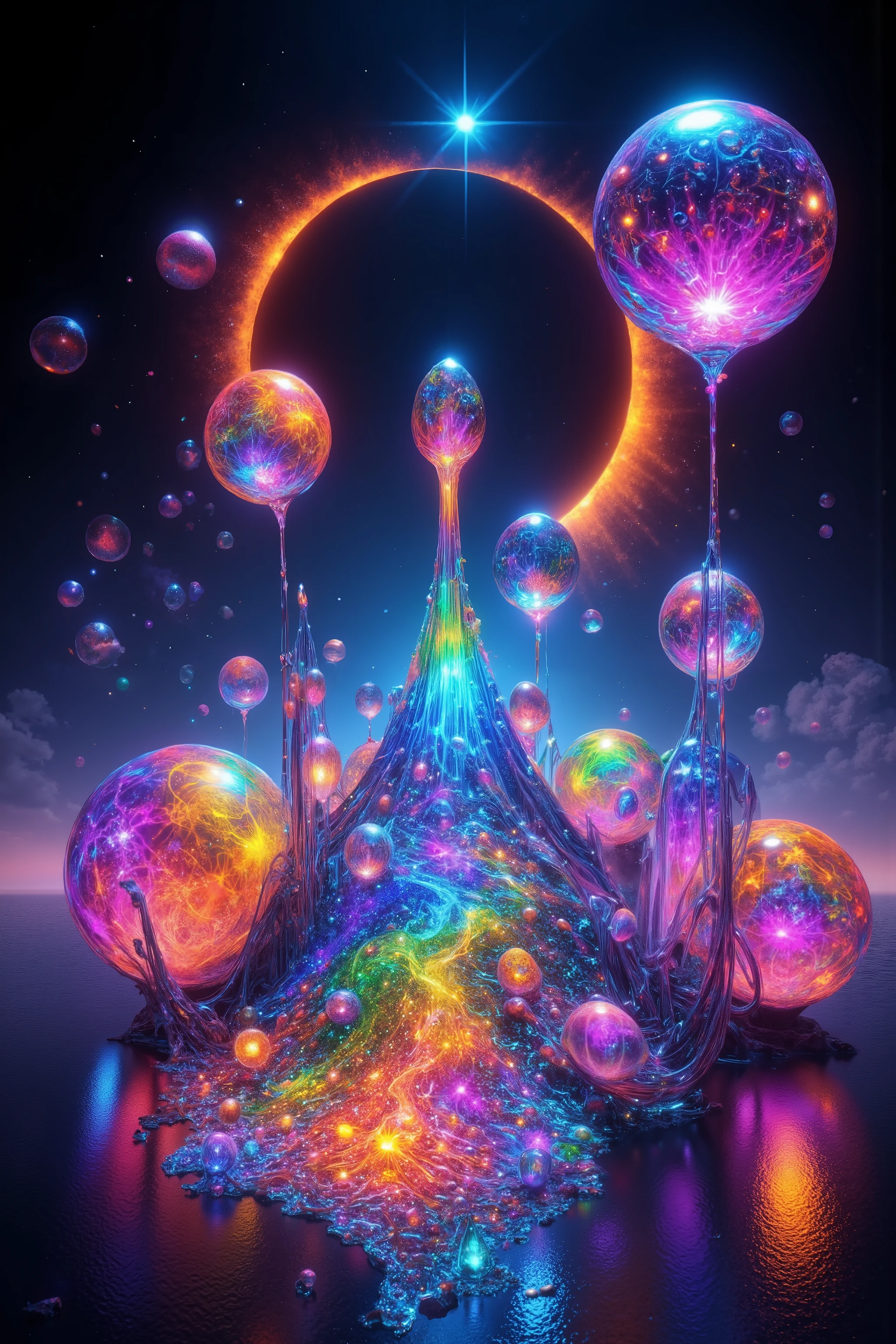 Surrealistic art. Specialized coloration. Eclipse and spheres. Neon colors, remixed with more bubbles.