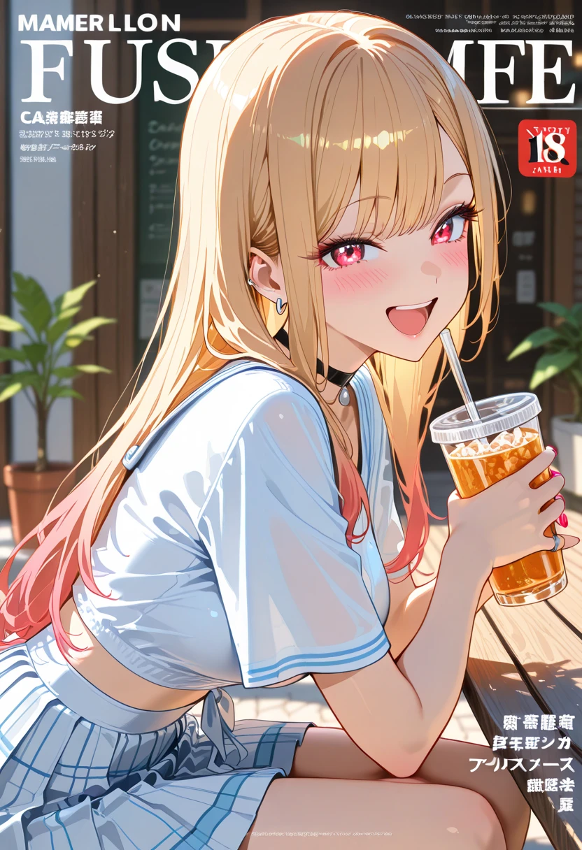 cute,girl,(blonde hair:1.2),(wave hair:1.1),(blue eyes:1.1),🍻,Cheers with beer🍺,(Wonderland:1.3),smile,(spread legs:1.15),(シャツワンピースとスパッツ:1.1).