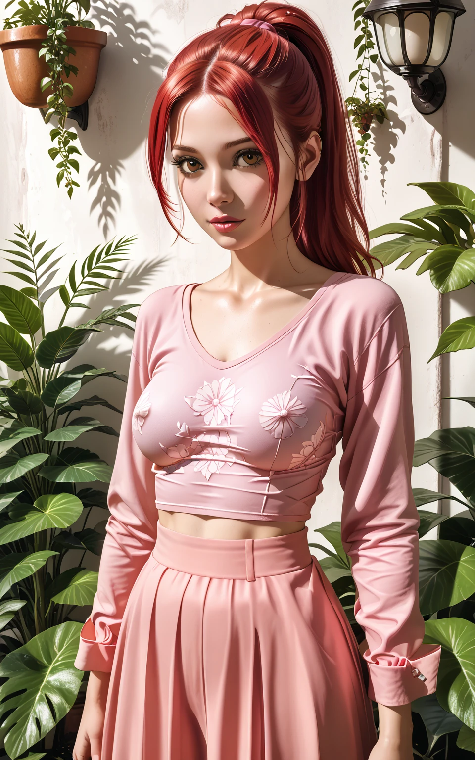(masterpiece, best quality), 1girl, lying, crop top, shorts, bedding, red hair, print