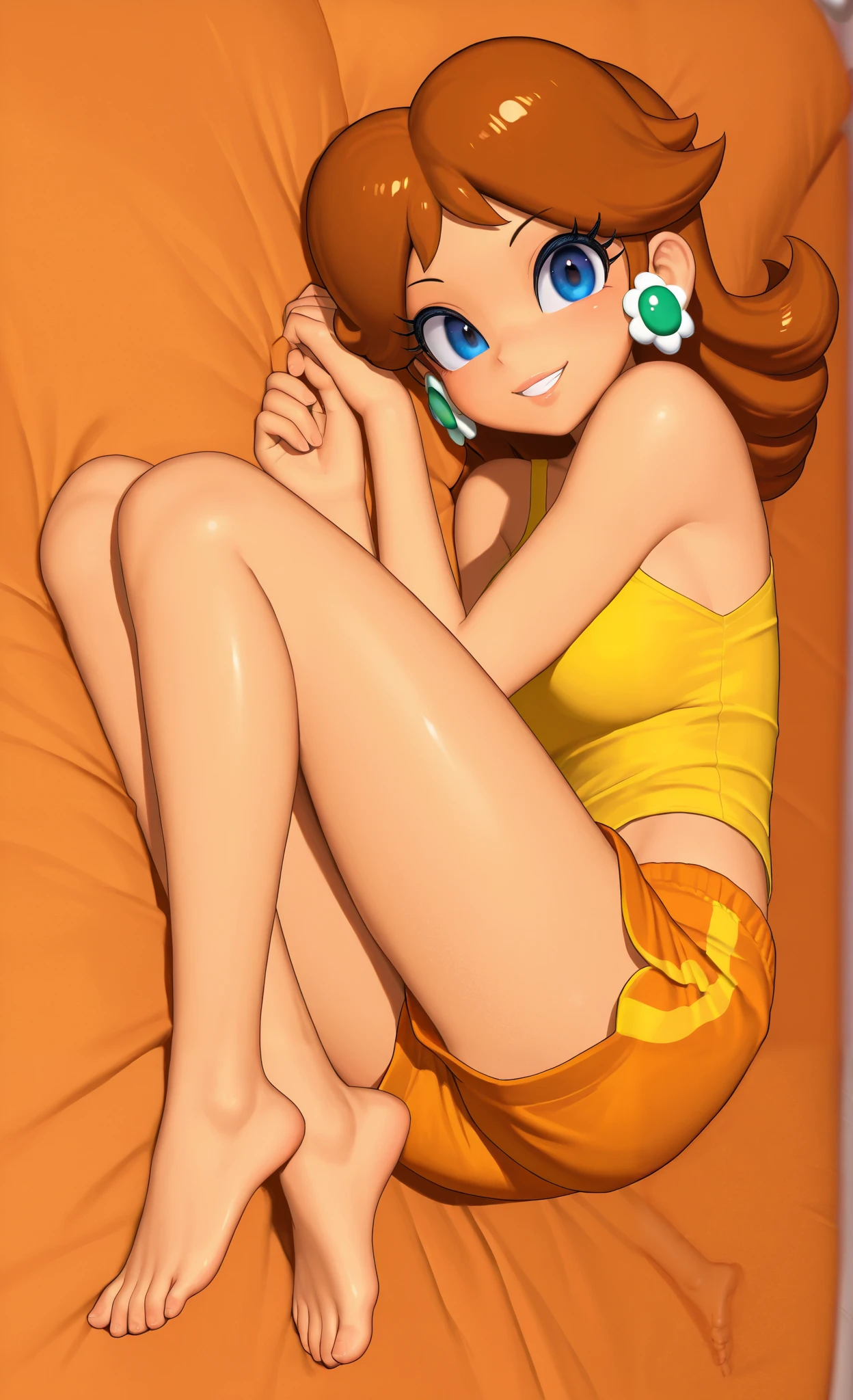 ((Princess daisy)), ((masterpiece)), ((high resolution)), ((solo portrait)), {(attractive figure), (beautiful legs), (pretty feet), (brown hair), (cute blue eyes), (short eyelashes), (cute grin)}, {(yellow tank top), (orange lounge shorts)}, {(laying on bed)}