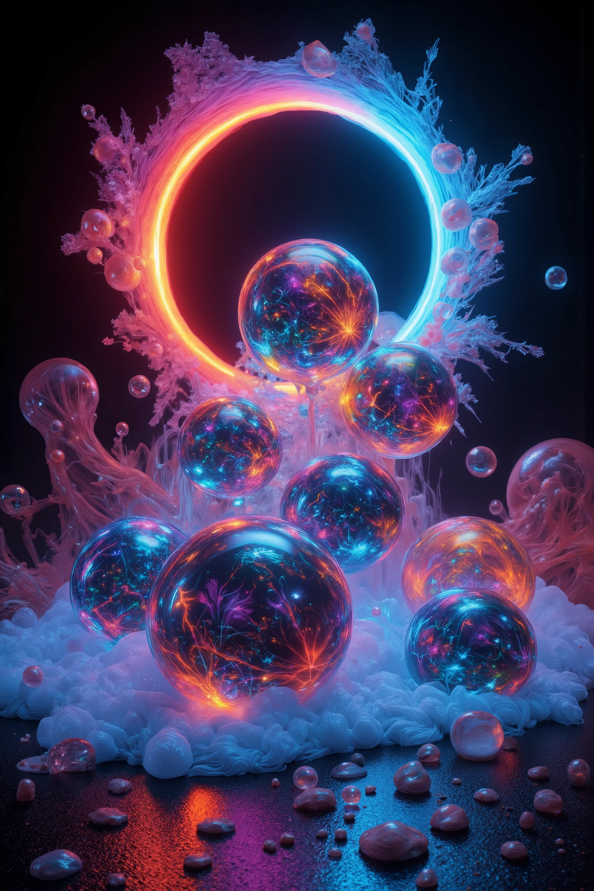 Surrealistic art. Specialized coloration. Eclipse and spheres. Neon colors, remixed with more bubbles.