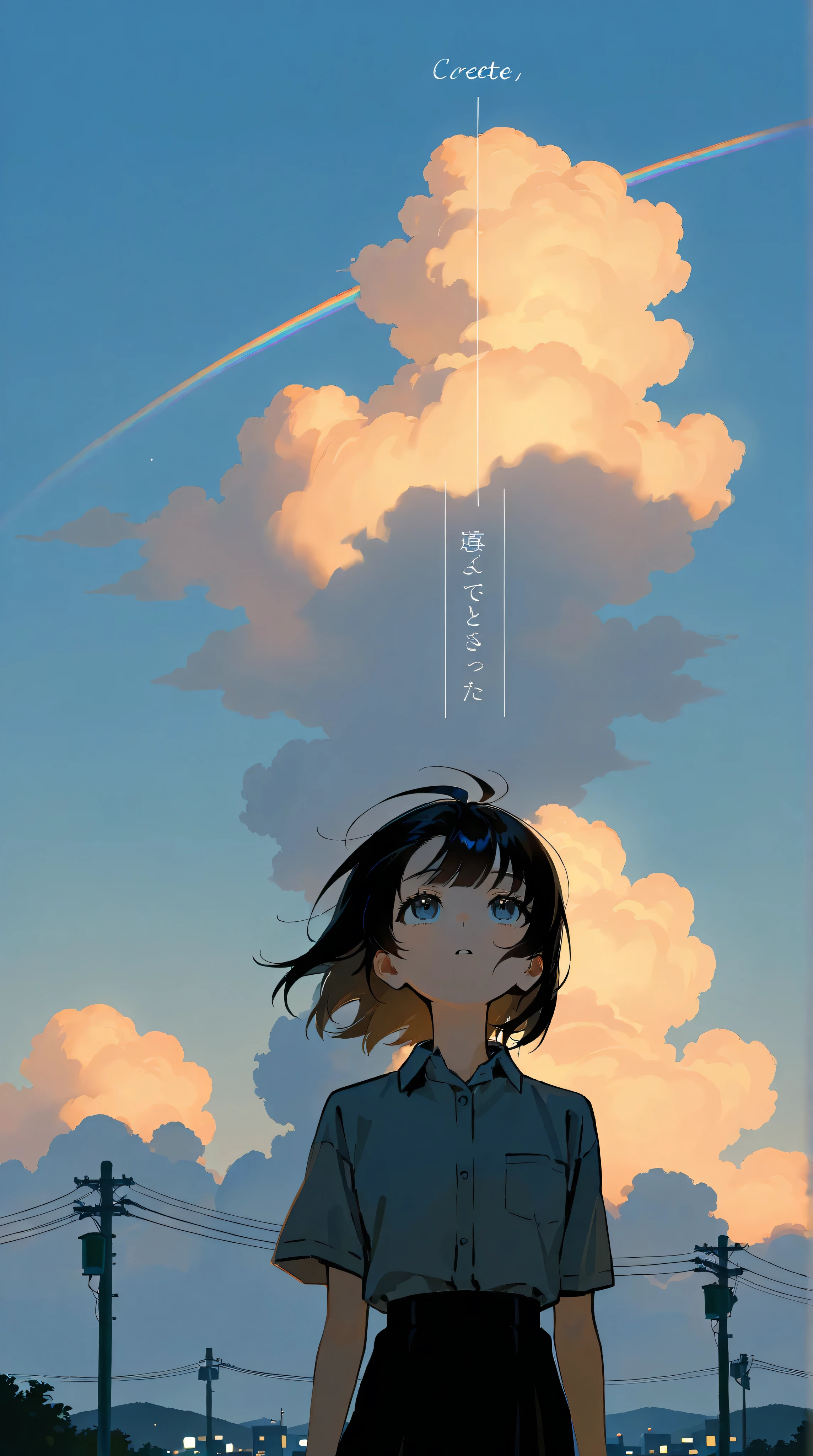 a landscape with a rainbow after the rain,outside,look up at a clear sky,create a bright image that makes you feel a new beginning