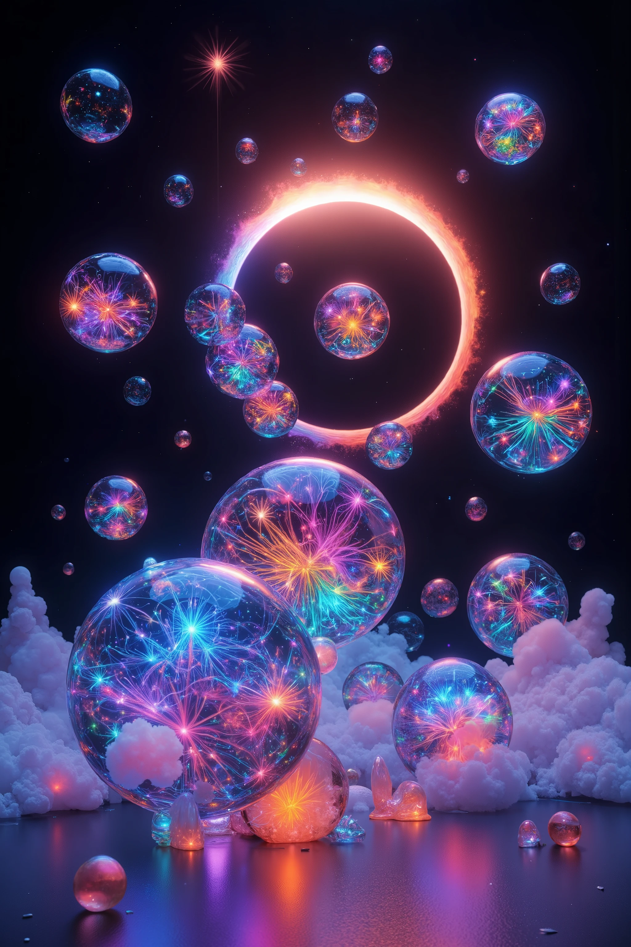 Surrealistic art. Specialized coloration. Eclipse and spheres. Neon colors, remixed with more bubbles.