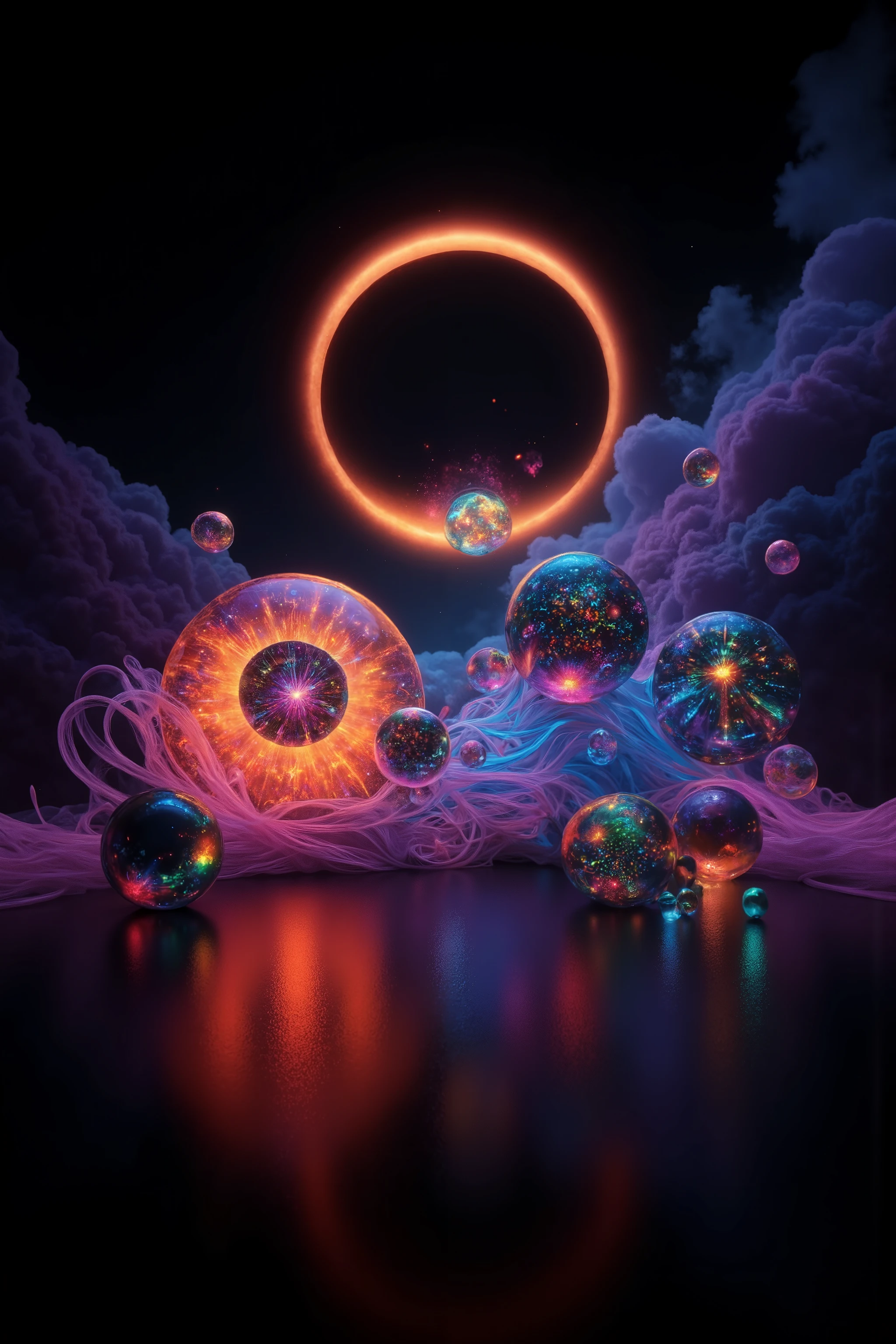 Surrealistic art. Specialized coloration. Eclipse and spheres. Neon colors, remixed with more bubbles.