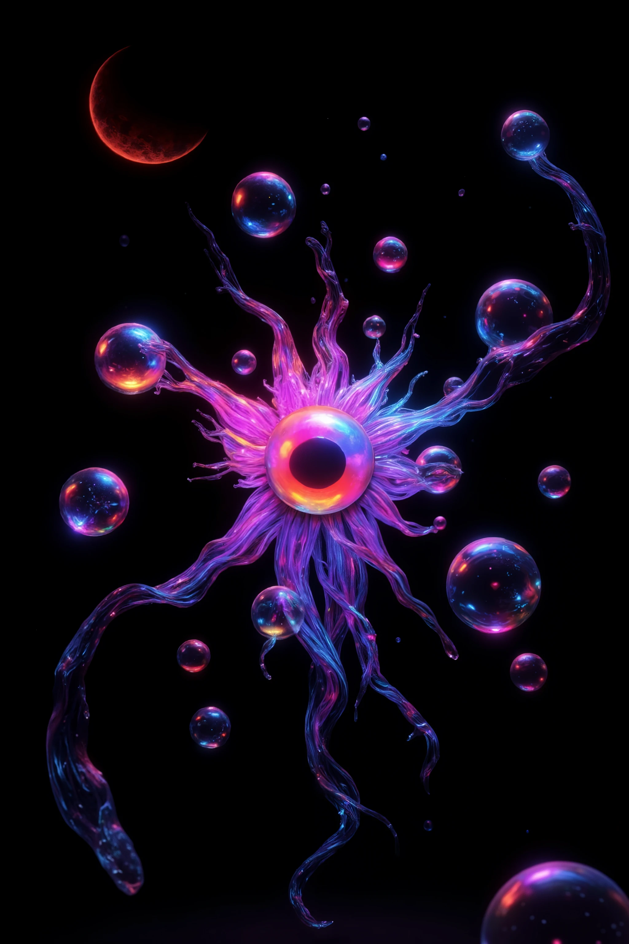 Surrealistic art. Specialized coloration. Eclipse and spheres. Neon colors, remixed with more bubbles.