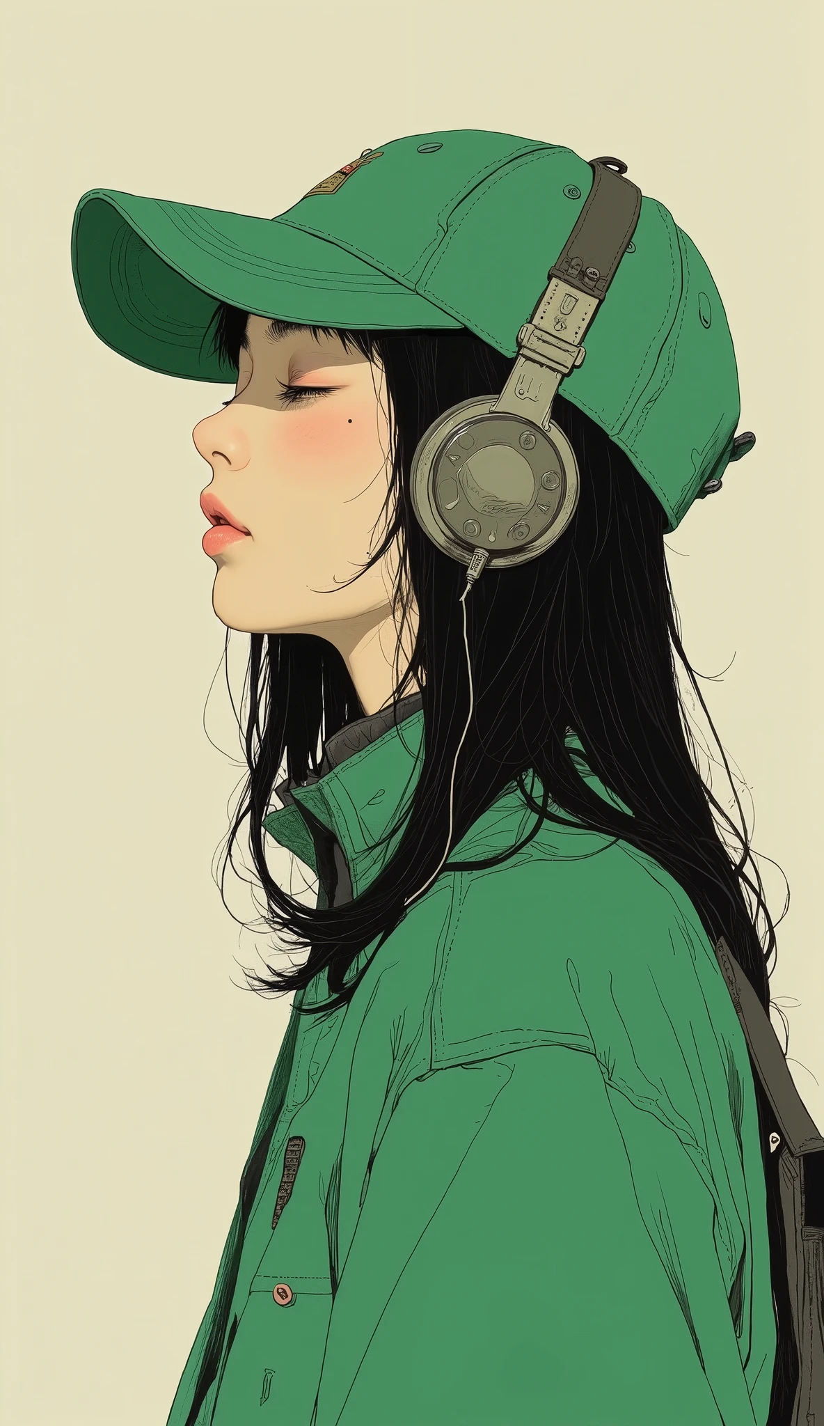 teeth、depicts a girl wearing a green stadium with her eyes closed,green baseball cap 、Headphone profile、Minimalistic painting by Yoshitomo Nara, Tumbler, それteeth何ですか?, Nara Yoshitomo, shinsui ito, sui ishida, kaoru mori, Yaoi Kasuma , Kurumada Masami, Rinko Kawaichi, Akiko Takase, Naoya Tanaka