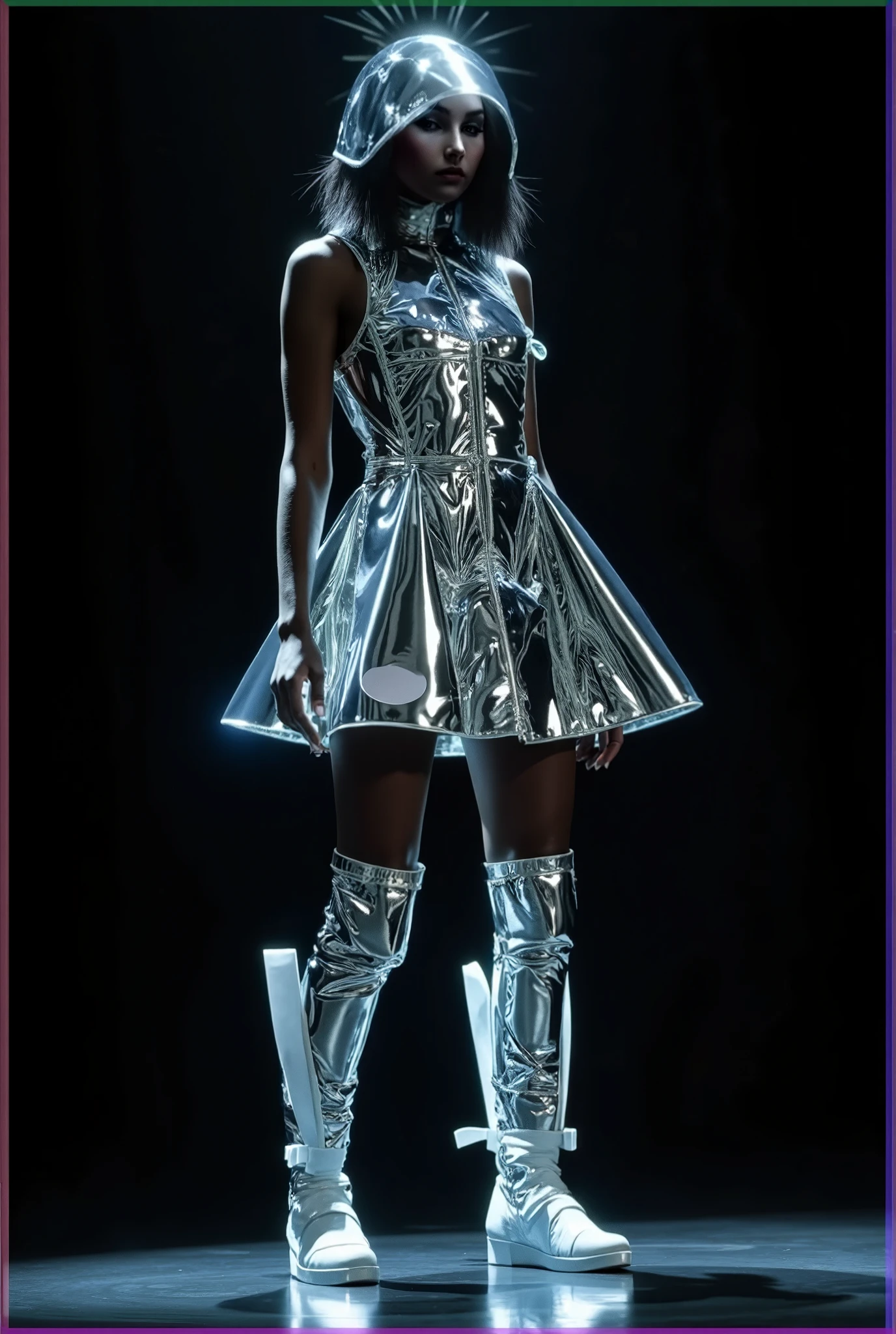 Low angle shot of African woman dressed in African designed clothes made of beads and leaves, standing in a futuristic empty space full of floating spherical drones, red sky reflected on the reflective ground surface, grey light shining in the scene giving a grey white cinematic look in the scene, artgerm style, 32k, ultra HD, unreal engine rendered, hyper-realistic image,