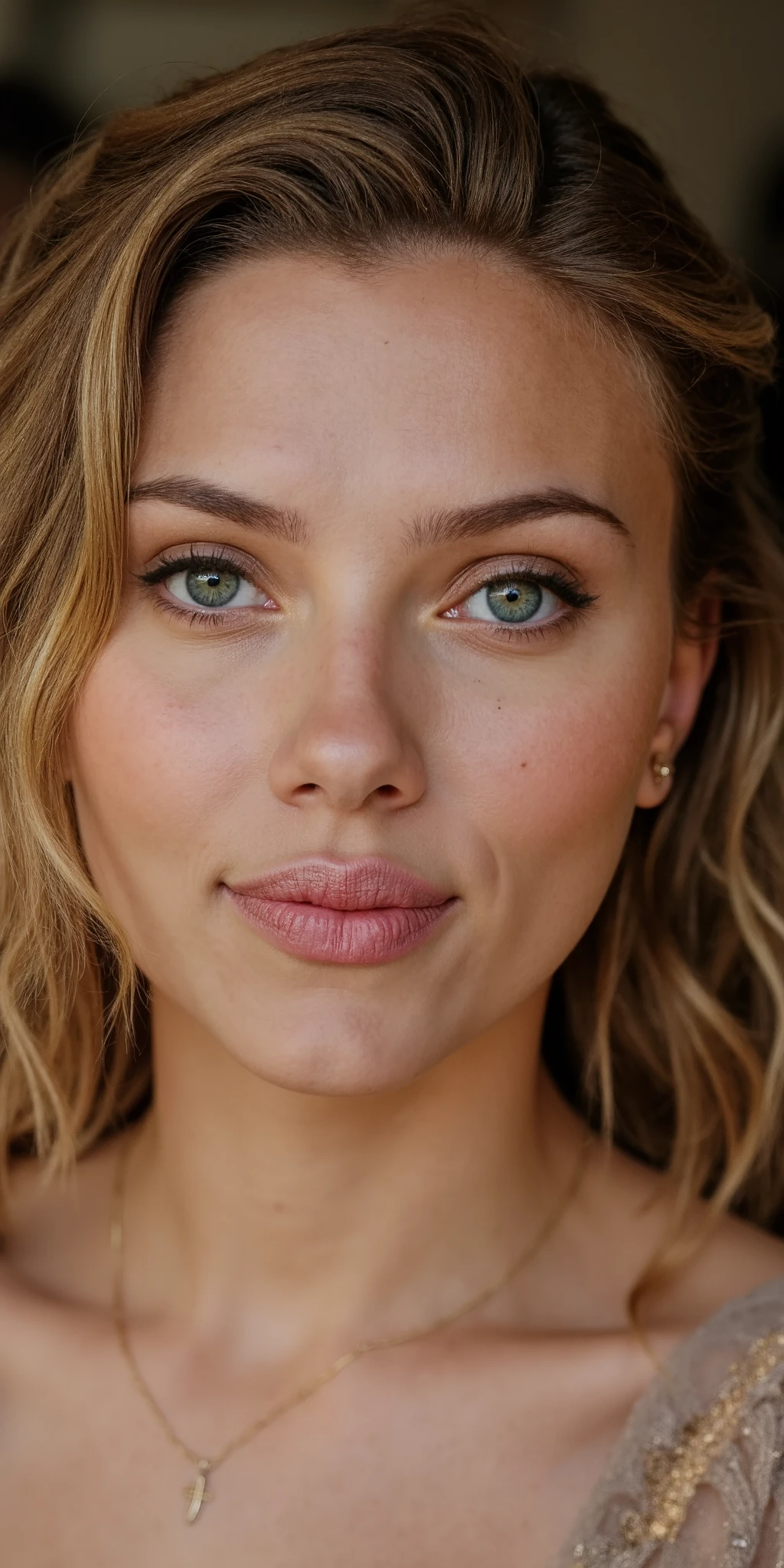 Photo époustouflante, imperfections, petit sourire, collier, regardant par-dessus les épaules, cils, détail des cheveux fins, toute la coiffure visible, yeux parfaits avec motif d'iris, lèvres sensuelles, nez, (Parfaitement net:1.3), textures réalistes, (mise au point profonde, mise au point sur l'arrière-plan:1.5), décolleté profond. 8k uhd, reflex numérique, Image de très haute qualité, grain de film, Fujifilm XT3