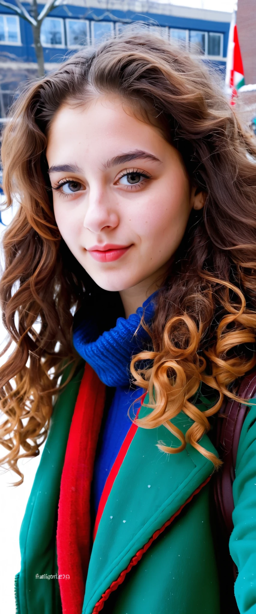 (indistinguishable from reality:1.4), 1girl, selfie, An half portrait of a beautiful 25 y.o New York Italian college student, (detailed facial features), (freckles:0.2), (acne:0.1), long thick luxurious curly hair, beautiful Jewish nose, shy smile, walking on University campus, winter, snowfall, ultra detailed texture winter coat, bright primary colors, Nikon FM2, 35mm SLR