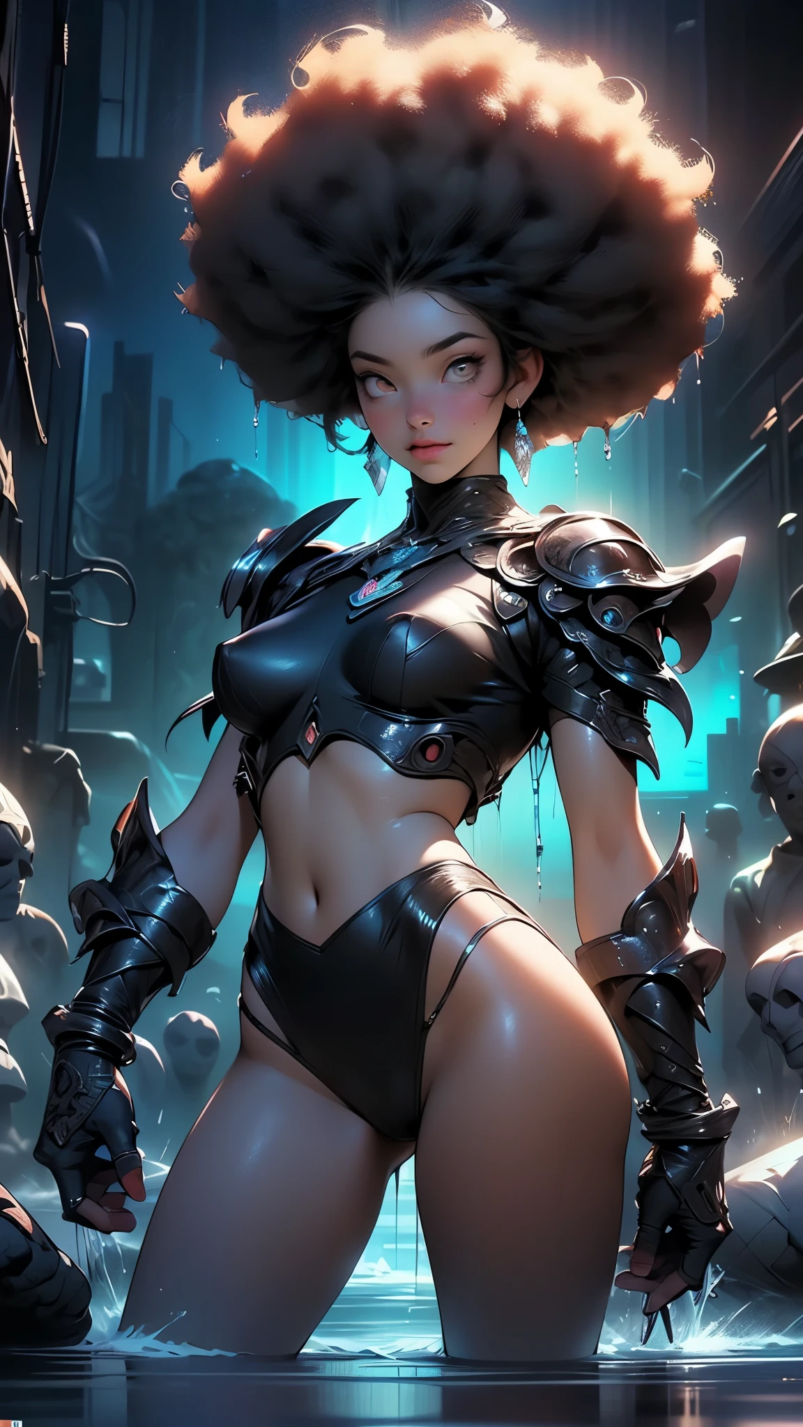 girl spacepunk,(((1girl))),((cute and beautiful afro haired girl)),((((black race)))),
(large breasts:1.4),saggy breasts,((((black afro hair:1.35,((afro hair:1.35)),afrohair,afro:1.35,dark hair,black hair,)))),medium hair,((heterochromia:1.5, (yellow_eye and red_eye))),intricate eyes,beautiful detailed eyes,symmetrical eyes,((fat)),((((tan,dark skin,black skin:1.35,dark-skinned_female,dark skin:1.3,ebony skin,lustrous skin:1.5,bright skin: 1.5,shiny skin,very shiny skin,shiny body,illuminated skin,wet legs)))),(spider lower abdomen,narrow waist,wide hip,athletic body,inflated legs, thick thighs),((detailed face)),
cute,slutty,sensual,seductive look,seductive,erotic,enchanting,((nsfw)),
zettai ryouiki,revealing clothing,show skin,(wearing a mechanical space body armor:1.3,micro armor bikini,bare legs,an armored arm),(((wet clothes,intricate outfit,intricate clothes))),
(dynamic pose:1.0),solo focus,embarrassed,(centered,scale to fit dimensions,Rule of thirds),
cyberpunk city by the ocean at night, with bright neon signs and dark stormy clouds and puddles, scenery:1.25,nighttime, starry night, cosmos,Very dark night that makes the neon lights stand out, very bright neon lights,nighttime, starry night, cosmos,
artistic photography,(photography taken by sldr),highres, sharp focus,(ultra detailed, extremely detailed), (photorealistic artwork:1.37),(extremely detailed CG unity 8k wallpaper),((synthwave background theme)),(((vibrant colors))),intricate,(intricate background),(masterpiece),(best quality),perfect rendered face,perfect face details,realistic face,photo realistic,analog style,((intricate detail)),(((realism))),