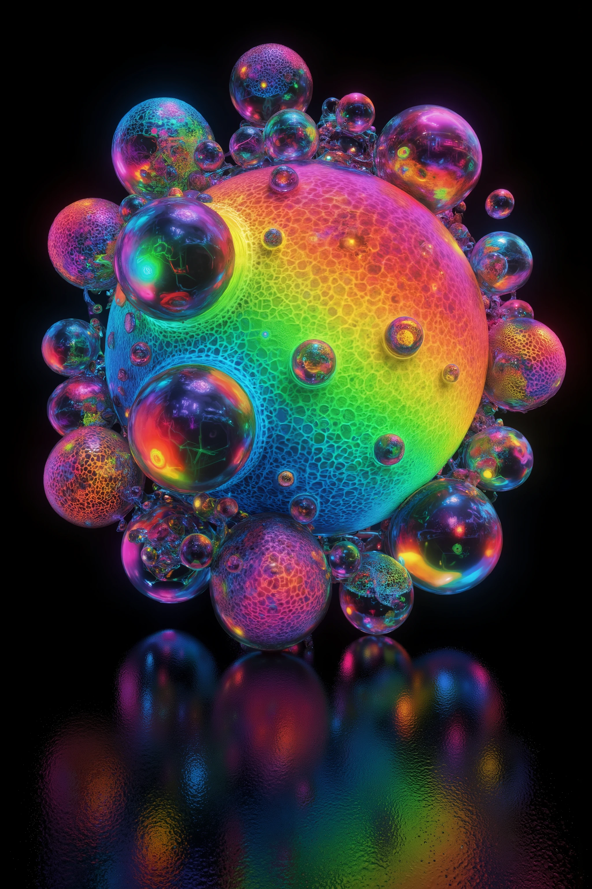 Surrealistic art. Specialized coloration. Eclipse and spheres. Neon colors, remixed with more bubbles. Neon green and hot pink. 3D render, gloss, shine, and reflect. Ultra realistic style 