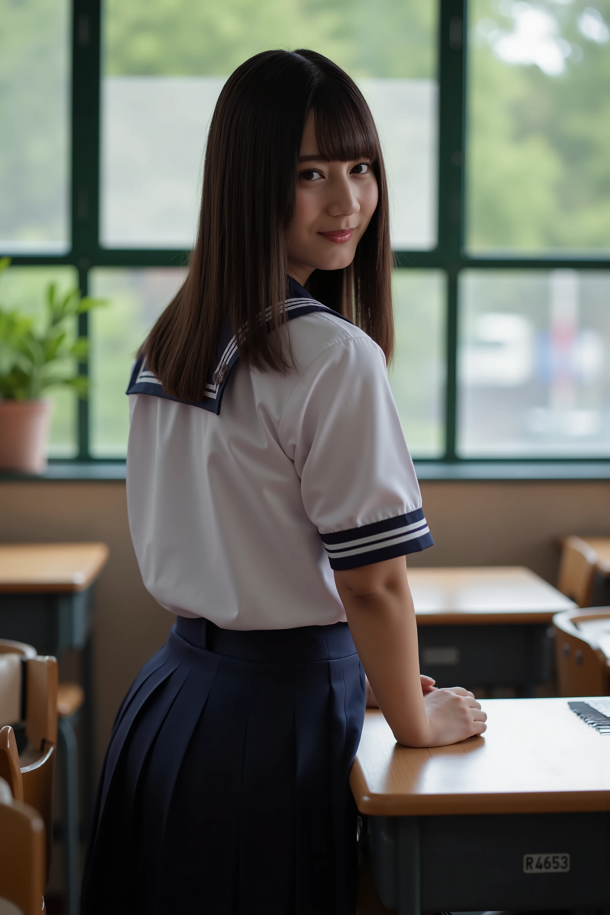 high resolution photograph,8k,masterpiece,best quality, detailed description, photo-realistic, Intricate details, natural lighting, 1girl, school uniform with long hair,(standing with hands on a school desk, looking back, turn around, twisted torso, ass focus), She smiled faintly at the corner of her mouth, indoors,classroom,