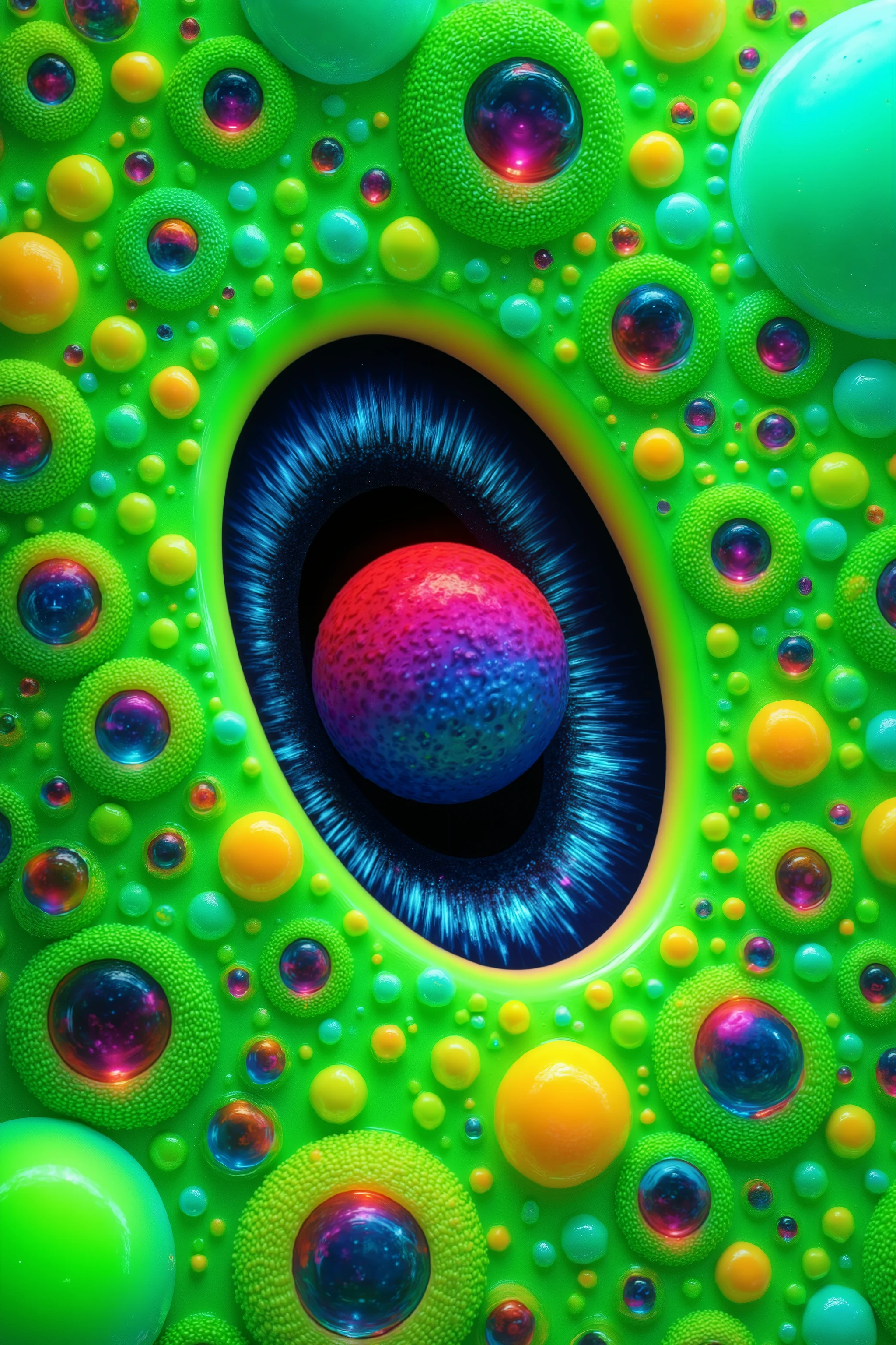 Surrealistic art. Specialized coloration. Eclipse and spheres. Neon colors, remixed with more bubbles. Neon green and hot pink. 3D render, gloss, shine, and reflect. Ultra realistic style 
