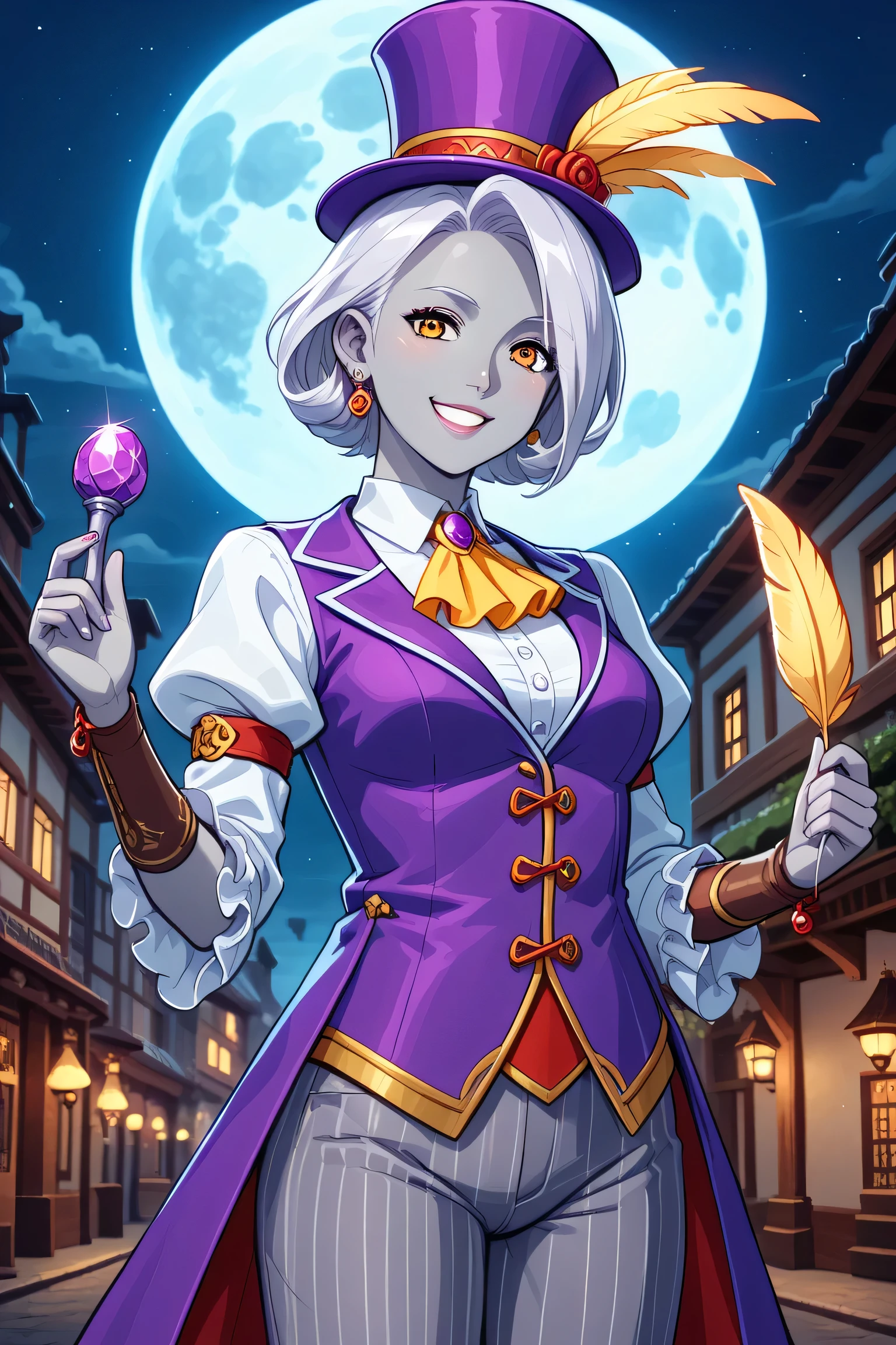 earth genasi, solo, female, grey skin, short silver hair, (wearing a large purple silk top hat, magicians hat, yellow feather hat decoration), (wearing purple vest), a ruffled colonial white shirt underneath the purple vest, (yellow ruffled colonial cravat), top hat fit snuggly, ((wearing grey pinstripe colonial trousers)), magicians attire, beautiful body, dazzling, (confident, playful, smiling) , (holding a small wooden magician's wand in her right hand), ((performing in a village square near the coast)), night scene, [[caviler era clothing, pirate era clothing), \colonial style buildings, full moon in sky, dungeons and dragons, fantasy art,