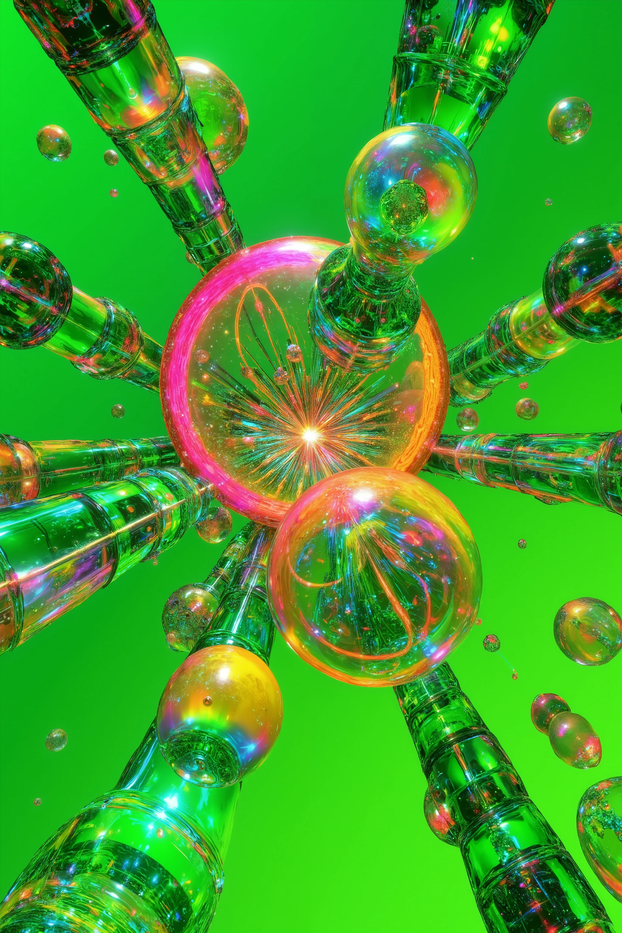 Surrealistic art. Specialized coloration. Eclipse and spheres. Neon colors, remixed with more bubbles. Neon green and hot pink. 3D render, gloss, shine, and reflect. Ultra realistic style 