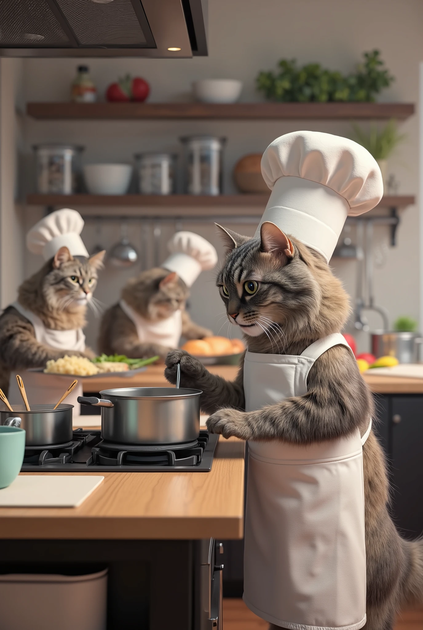 **Prompt yang Diperbarui:**
"A fluffy gray cat dressed as a professional chef, wearing a crisp white chef's hat and apron. The cat is standing upright on its hind legs in a modern, fully equipped kitchen, stirring a pot of soup on the stove. In the background, several other cats are busy cooking, each wearing similar chef's attire. One cat is chopping vegetables on a wooden cutting board, another is carrying a tray of freshly baked bread, and a third is whisking ingredients in a mixing bowl. The kitchen features stainless steel utensils, shelves of spices, and neatly organized pots and pans. The lighting is natural and soft, highlighting the detailed fur texture of all the cats and the realistic fabric folds of their clothing. The scene feels lively and photorealistic, with lifelike expressions and natural movements from the cats."