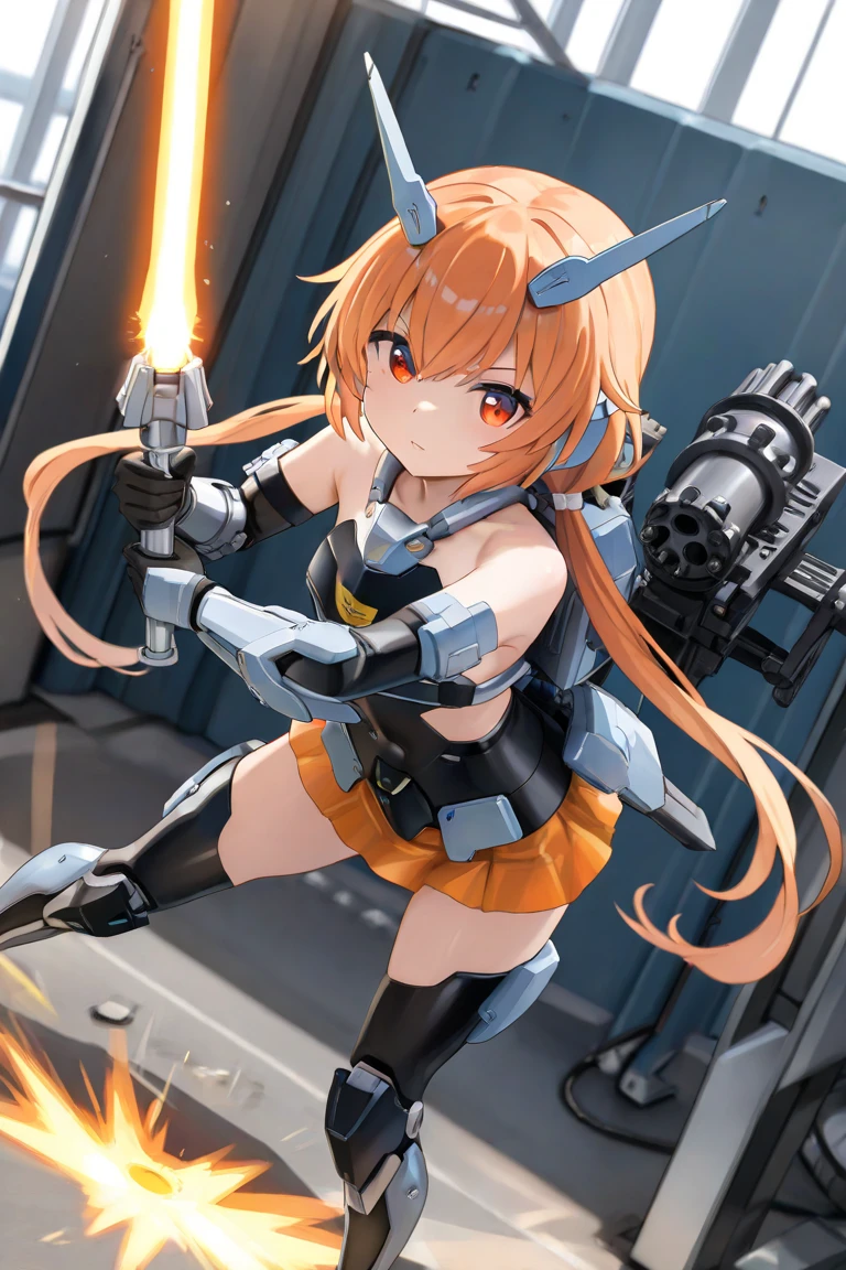 1girl, solo, war, fire, gun, chestnut hair, side ponytail, large breasts, mecha suit, dark blue eyes, cleavage 1:3, grin, looking at the viewer, standing, hair ribbon