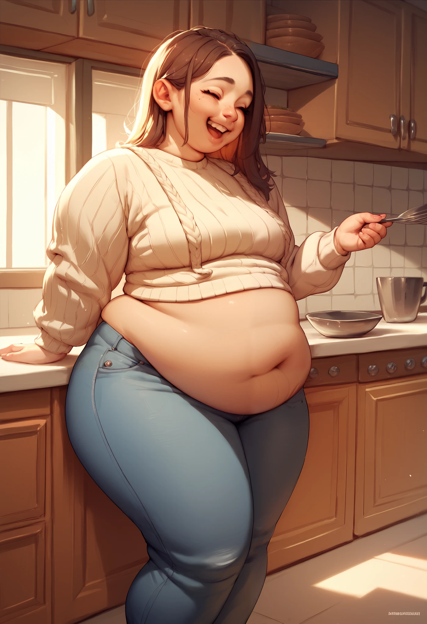Slightly chubby young woman in her kitchen. She is happy, small belly, not too fat. She is wearing jeans and a sweater