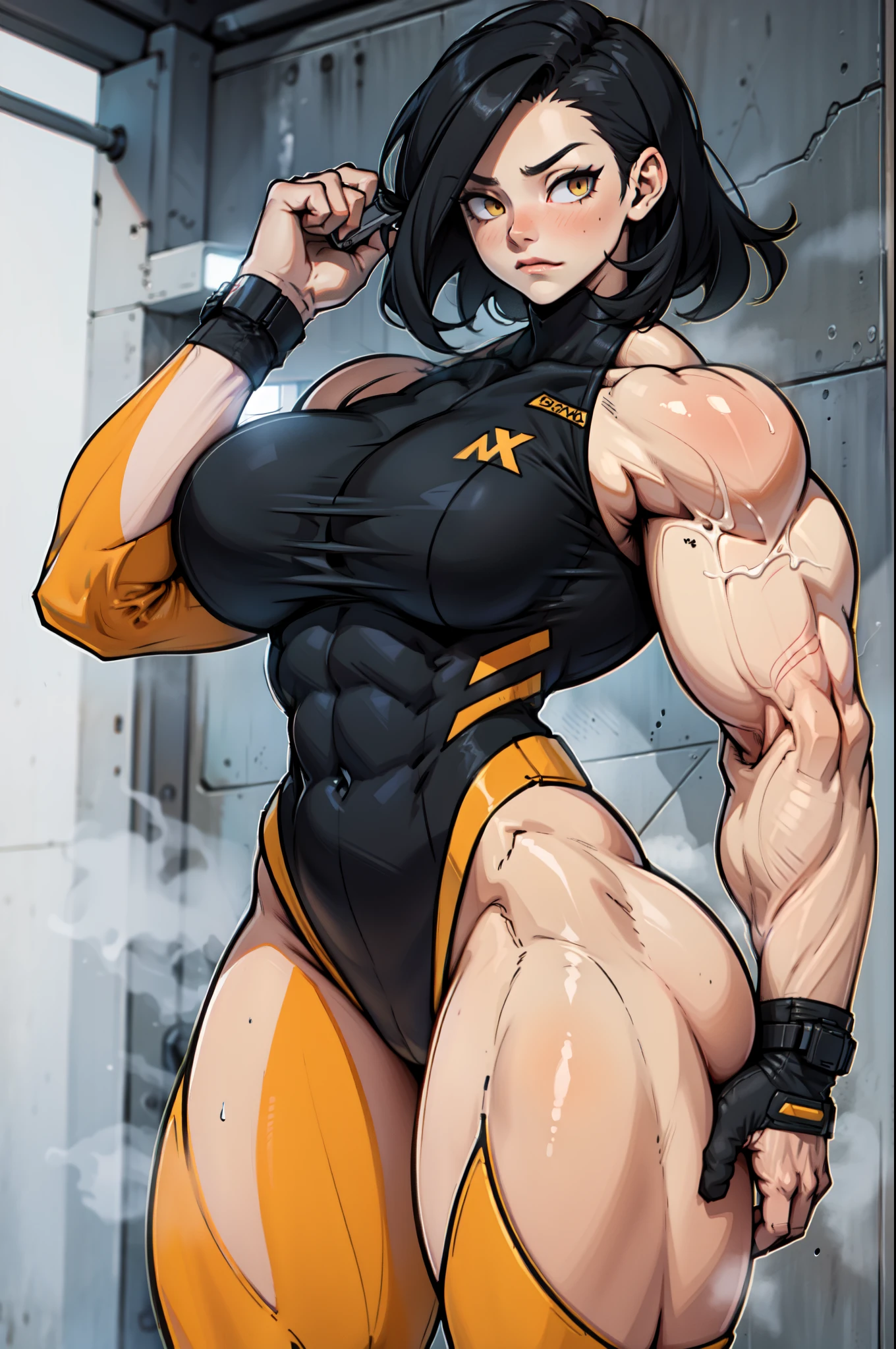 wide hips curvy thick thighs voluptuous large breasts muscular toned body bodybuilder black hair pale skin yellow eyes skintight expressionless sad sad