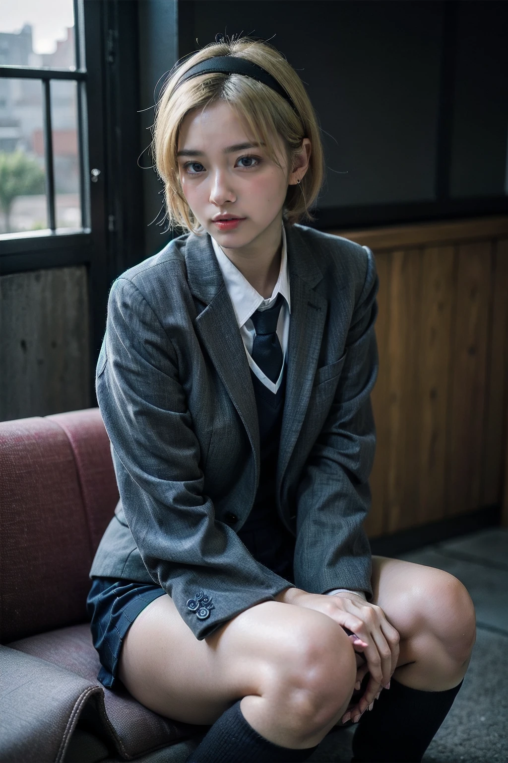 ulzzang -6500-v1.1, (Raw foto:1.2), (Photorealsitic:1.4), a beautiful detailed girl, ((a blond)), ((short-cut)), extremely detailed eye and face, beatiful detailed eyes, Ridiculous, unbelievable Ridiculous, huge filesize, ultra-detailliert, hight resolution, ighly detailed, top-quality, masterpiece, Kemomimi, ((Japanese girls' high school uniform)), illustratio, ighly detailed, nffsw, unification, 8k wallpaper, astonishing, finely detail, masterpiece, top-quality, Highly detailed ticker uniform 8K wallpaper, face lights、Cinematographic lighting、1girl in、sixteen years old、(witheout panties)、((dynamicposes)))、(camel's toe)、(half)、、(Crooked knees and legs sitting))