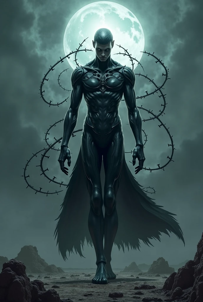 A silver demon standing in the darkness, its entire body visible