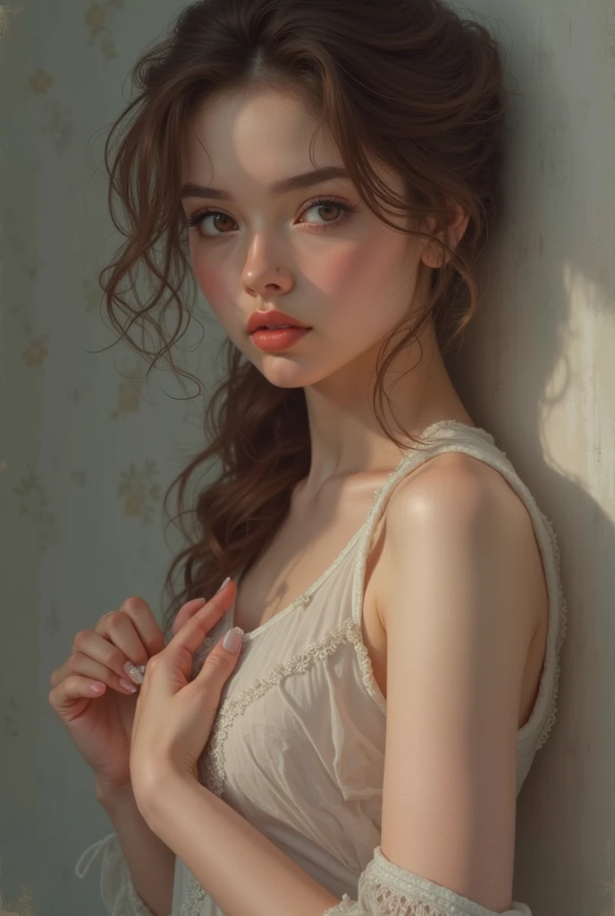 1girl, beautiful teenage girl, very small breasts, short wavy brown hair, portrait, oil painting, modern, realistic proportions, intricate, intricate details, sharp focus