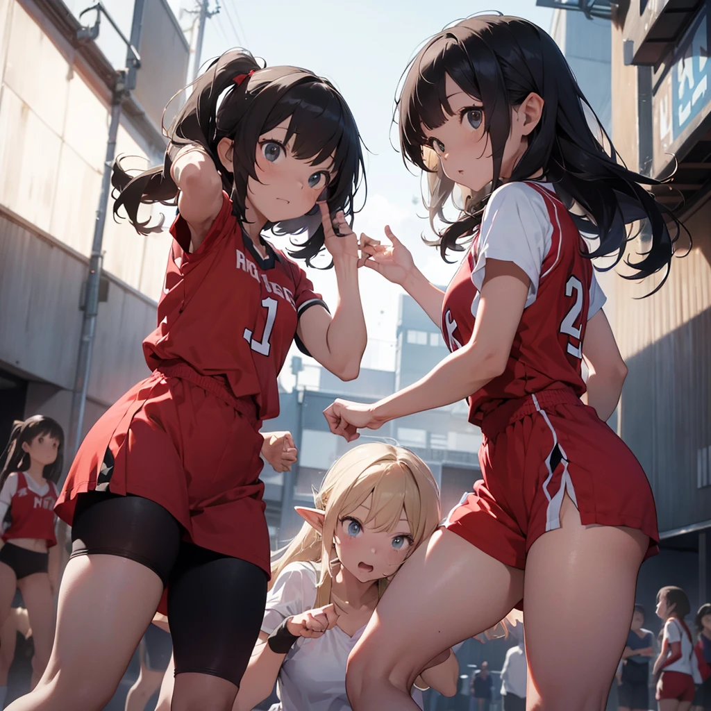 ((perfect body)), ((perfect face)), cameltoe, (blush), ((cheerleader outfit)), (((two girls standing next to eachother))), ((short miniskirt)), ((big breasts)), (photo from above)), (shy), (((masterpiece)))
