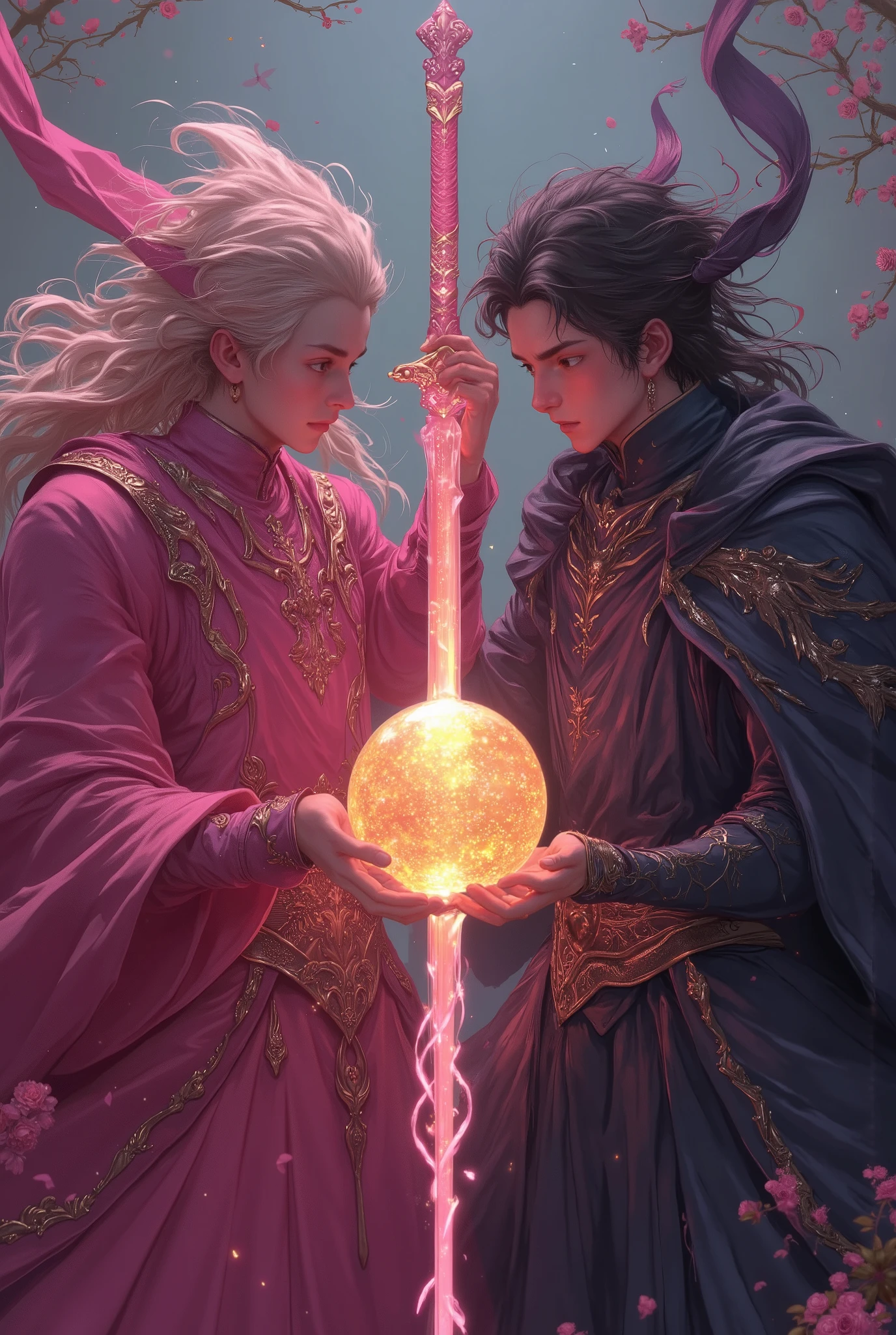 one handsome young men wizards, wear rich pink wizard outfit , hold golden glemering crystal ball, dueling with another one handsome young men wizard, wearing jet black wizards outfit, swing glemering old roses pink saber swords. bettle fields.