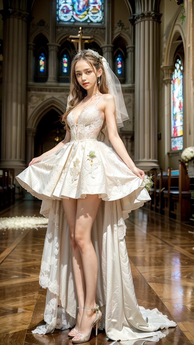 highest quality, Realistic, Very detailed, finely, High resolution, 8k wallpaper, Beautiful woman,, Brown hair short ponytail, (silk wedding dresses), Perfect dynamic composition, finelyて美しい目, Ample breasts, Realistic , smile, Model Body Type、Earrings,garnet necklace,(Wearing a watch 1),Beautiful legs,(Church with beautiful stained glass),Full Body Shot:1.3,Smile and laugh,