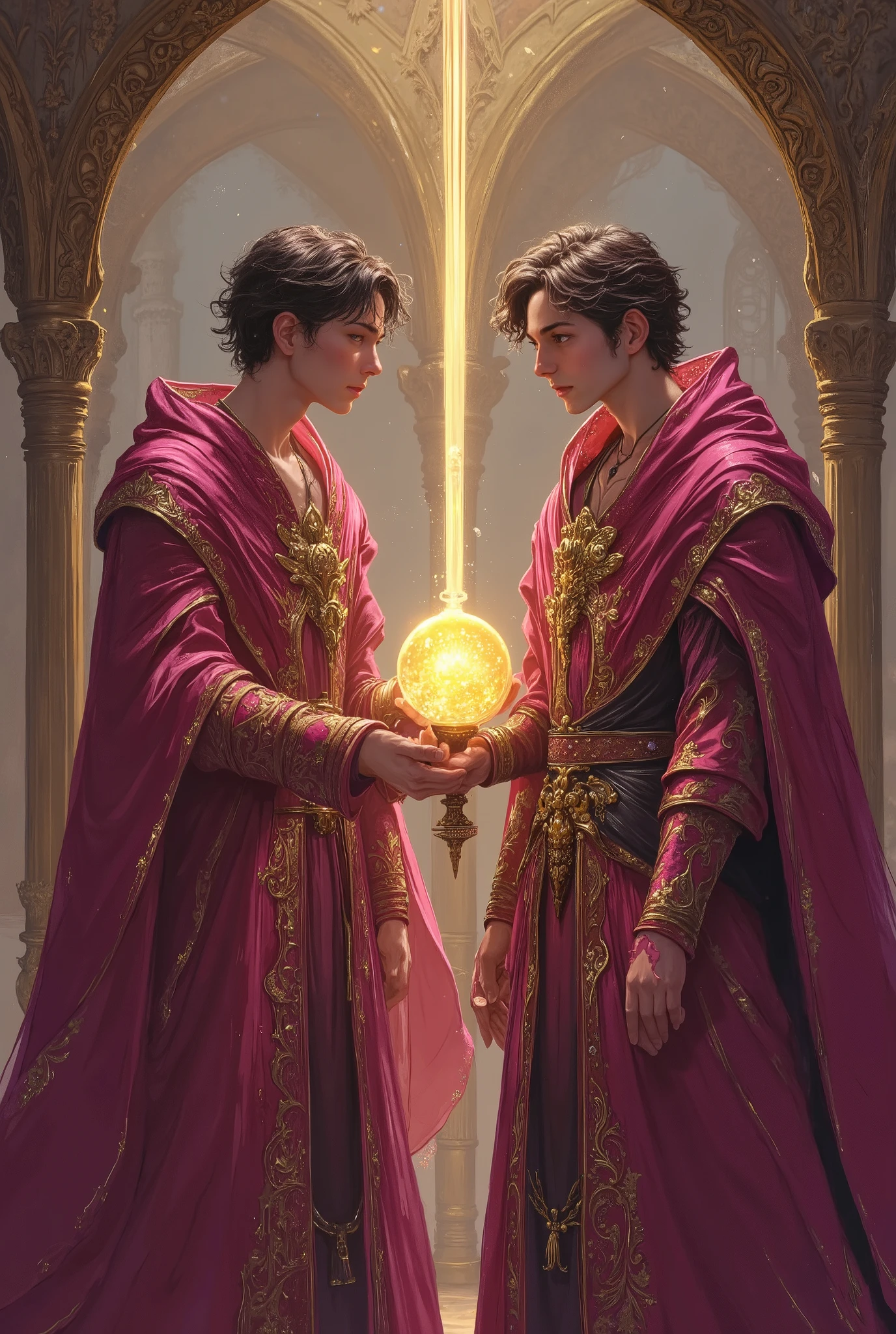 handsome young men wizards, wear rich pink wizard outfit , hold golden glemering crystal ball, duel with handsome young men wizard, wear jet black wizards outfit, swing glemering old roses pink saber swords. bettle fields.