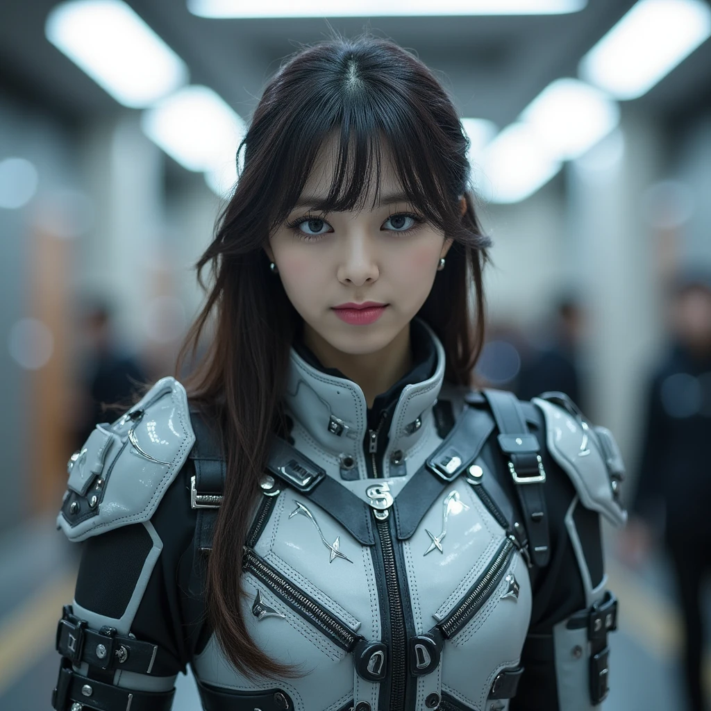 outdoor, ((upper body)), ((( wearing gray and black nano-suits)))+++, (wide hip:0.7, large breasts:0.8, perfect slender young girl body) ,Perfectly glossy skin ,25 yo mature girl, , picture of a vivid, (masterpiece:1.2),(extremely detailed),(8k:1.1),(perfect lighting,best quality,highres,original),(realistic photography:1.4) ,high detailed skin,shaded face, soft lighting, (small face),RAW, ultra highres, pores visible, , shiny_and_glossy_skin, asian beauty, (gorgeous beautiful 20 years old asian girl), ((best detailed slender body)), (asian idol, asian beauty, asian mixed), (complex, Machine background ,spaceship outdoors background, Mecha Transport parts:1.2), (dark and foggy environment:1.1), ((heavy fog environment:1.1)), (battlefield behind:1.2), <lora:JapaneseDollLikeness_v15:0.3>