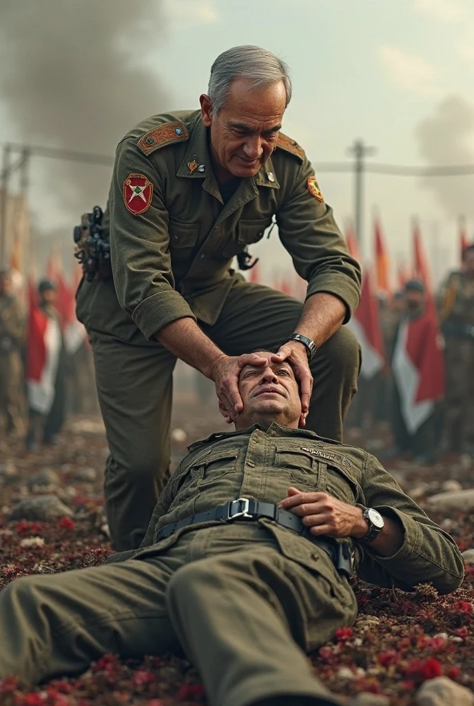 A soldier lightly hugging a general as they watch zombie soldiers approach their military base