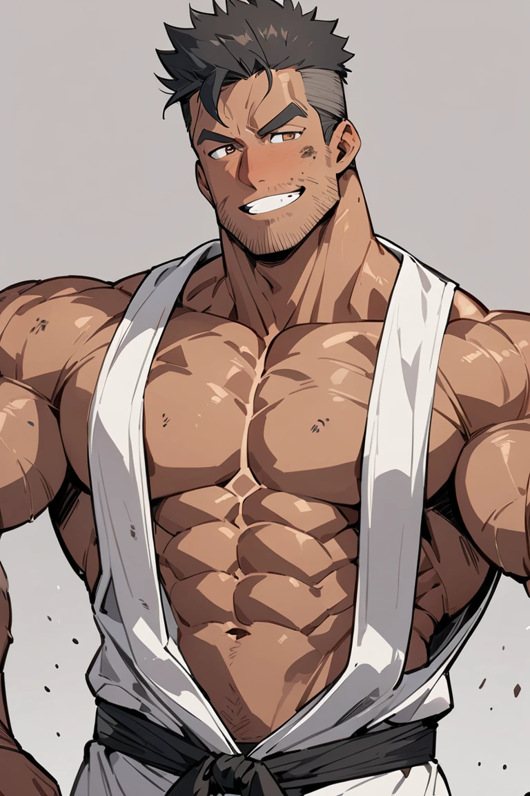 Mighty gladiator, chest uncovered, upper body from head to thighs, white toga wrapped around waist, strong physique, bare skin, gray skin, silver skin, stone skin, statue skin, messy hair, short hair, short haircut, masculine haircut, white hair, detailed muscular physique, lifelike depiction, 4K resolution. Background: white and gray broken Colosseum during a lightning storm, red lightning,32k uhd, best quality, masterpiece, super detail, high details, exposed thighs, mucular thighs, white toga loin cloth, bare skin, sensual photograph, masculine physique, muscular legs, exposed buttcheek,