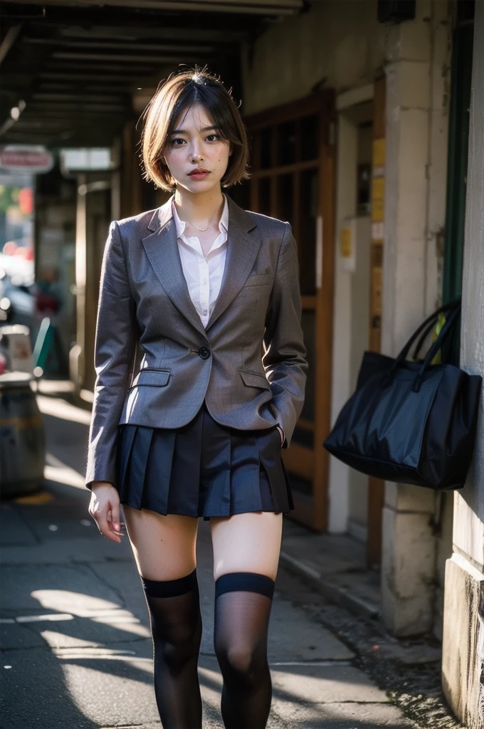 In 8K,Highest quality,The real picture,Intricate details,Ultra-high resolution,Depth Field,Masseter muscle area,Natural soft light,Professional Lighting,One Girl,(cute:1.2),Very beautiful 17 year old girl,Detailed eyes,((Brown eyes)),(Brown Hair),(Short-haired),(Bans),Perfect Skin,Glowing Skin,White skin,Fine skin,Big ample breasts,((Perfect Anatomy,Nice hands,Perfect hands,Five fingers connected to the palm,Accurate needles without discomfort)),Perfect bare legs,Delicate legs,Perfect Proportions,Sexy,I can see your chest,((Japan Uniform)),((Uniform Mini Skirt)),(tie),Black socks、Brown leather shoes,Lurking deep in the city,I can see your crotch,Show me your panties in the street,Both legs are bent,Legs are spread in an M shape,,I can see your pants,Slender thighs when viewed from the front、Squat