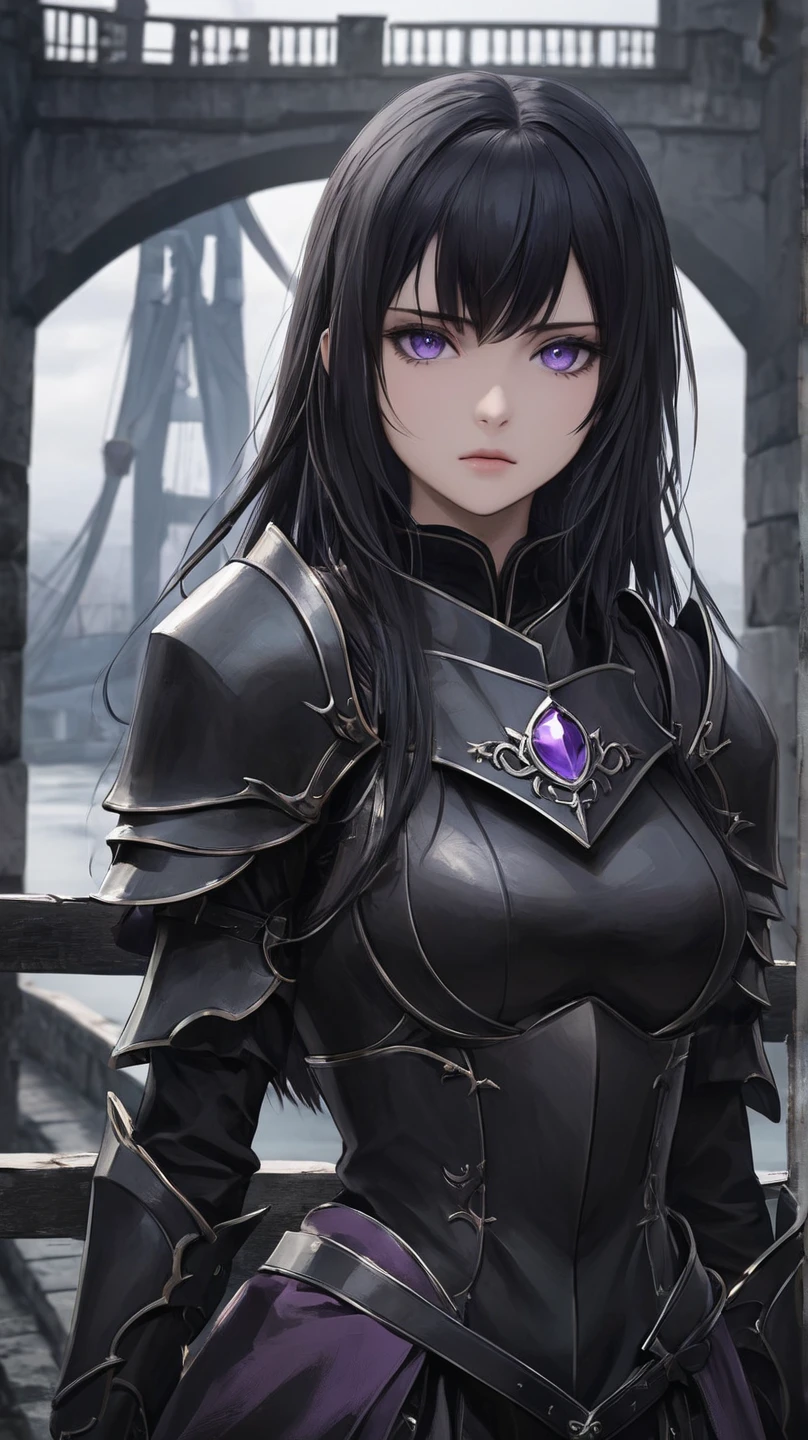 Knight of the cult of the dragon. She is tall and wearing plate armor. Very beautiful and black hair. She is wearing a purple cloak. In the fantasy style