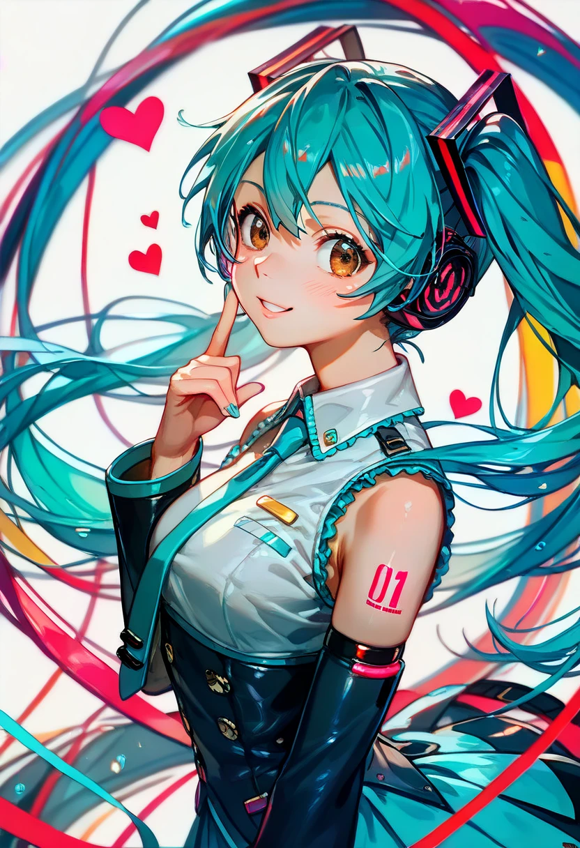 masterpiece, hatsune miku, White shirt, Blue tie, Exposing shoulders, The sleeves are separated, Evil Smiley Face, Dark Skin, Red eyes, Iris, Pupil orange,