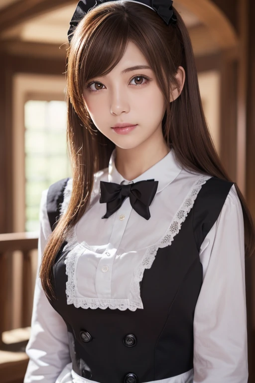 (One woman), Great face and eyes, blue eyes, Captivating smile, (Wide open maid cafe costume:1.2), (Stunningly beautiful woman), (Highest quality:1.4), (Very detailedな), (Very detailed CG 統合 8k 壁紙), Very detailed, High-quality RAW color photos, Professional photography, Written boundary depth, 、((cut vegetables with a knife:1.5))、Big Breasts、Long wavy brown hair、(((Japanese:1.5)))