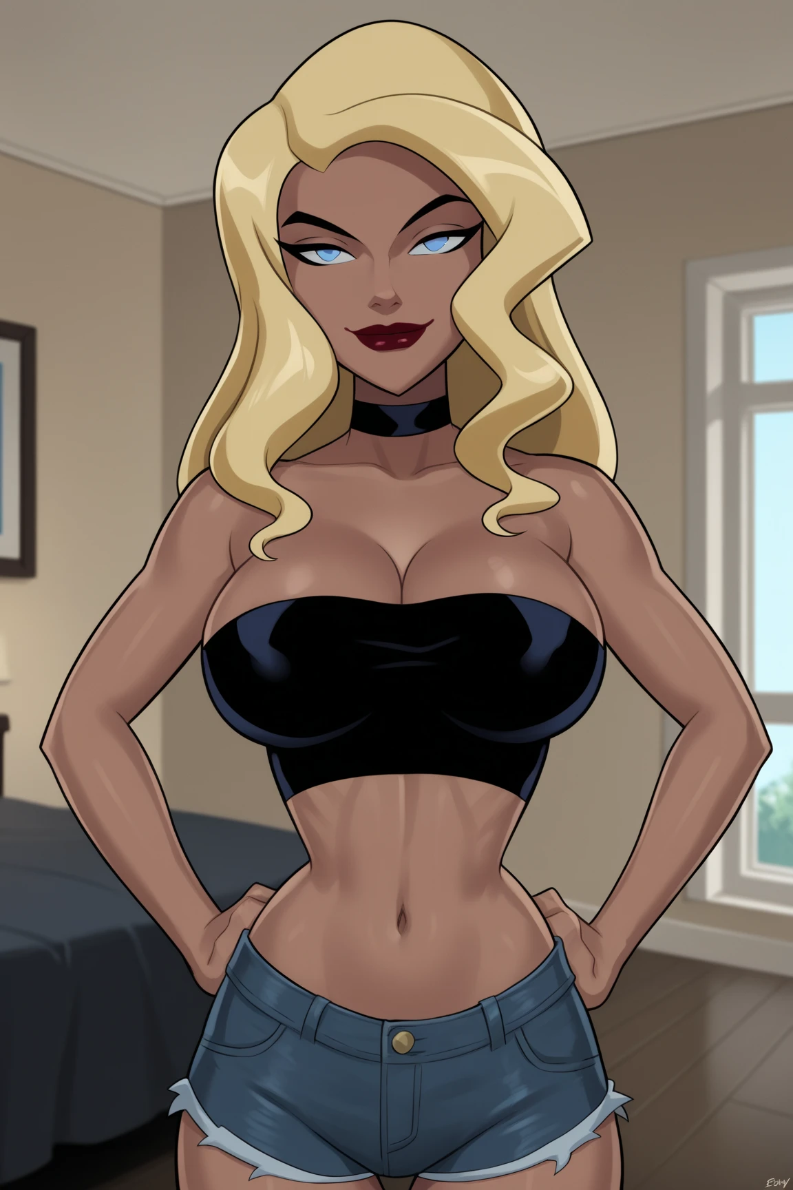 Beauty gothic girl night black Blouse v-neckline, leather skirt, thights, Wide legs Small waist, wide big hips, model pose, only two Arms With a red bow making an ahegao face with Crossed eyes and Tongue out with drool drops, with bigtits and stimulating a huge penis between her breasts