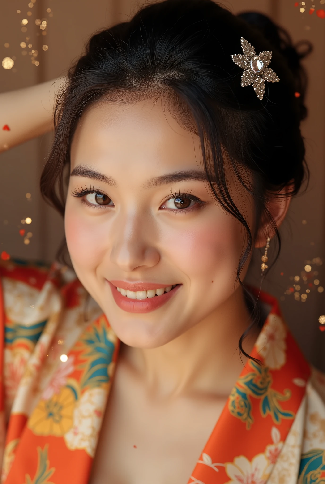 Enhance the image、 hairpin with a diamond、 sexy、 romantic、Glittering light、Petals and gold dust scatter in detail、Ancient Japanese kimono、Randomize the color of the kimono with the detailed flower pattern!、silk、 hairstyle is upstyled、 smiling face with visible teeth、 plump breasts、Realistic 、In 8K resolution、 creates a highly detailed and realistic background、The background is just as clear and of high quality as the person、Natural light softly illuminates the petals 、 The fine texture of the surrounding area is clearly visible 、emphasizes the depiction like a deep photograph、Generate an angle from above!Take a picture of your whole body!I don't need anime generation!I don't even need an illustration style!