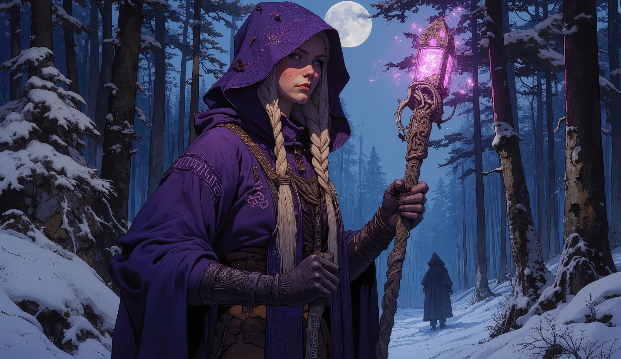 full body of a Mysterious witch Holda, a sorceress from Nordic tales, wandering through a dark Nordic winter forest at night. She wears a deep purple hooded cloak made of heavy velvet, adorned with intricate black details and ancient Nordic runes inscribed along the edges. Her face is mostly hidden in shadow, but occasional glimpses reveal a serene expression, freckled skin, piercing blue eyes, and long blonde hair woven into intricate braids. In one hand, she firmly grasps a twisted stone staff, carved from weathered seiðr stone, covered in glowing Nordic inscriptions, radiating an ancient mystical energy. Only her silhouette is seen weaving through the thick, snow-covered trunks of an ancient forest. The ground is blanketed in soft snow, and frost clings to the branches of towering pines. A full moon dominates the sky, casting a mystical, cold glow through the treetops. A soft, ethereal purple light radiates subtly, blending with the moonlight to create an eerie and enchanting glow. The cold night air is thick with silence, broken only by the crunch of snow underfoot. Small snowflakes drift through the air, illuminated by the moonlight. She moves gracefully among the trees, exuding an aura of mystery and quiet power. Dramatic lighting, cinematic atmosphere, in the style of Frank Frazetta. Deep purples and golden-yellows contrast against the cool blues and whites of the winter night, painterly and highly detailed, fantasy illustration, high contrast, moody ambiance.