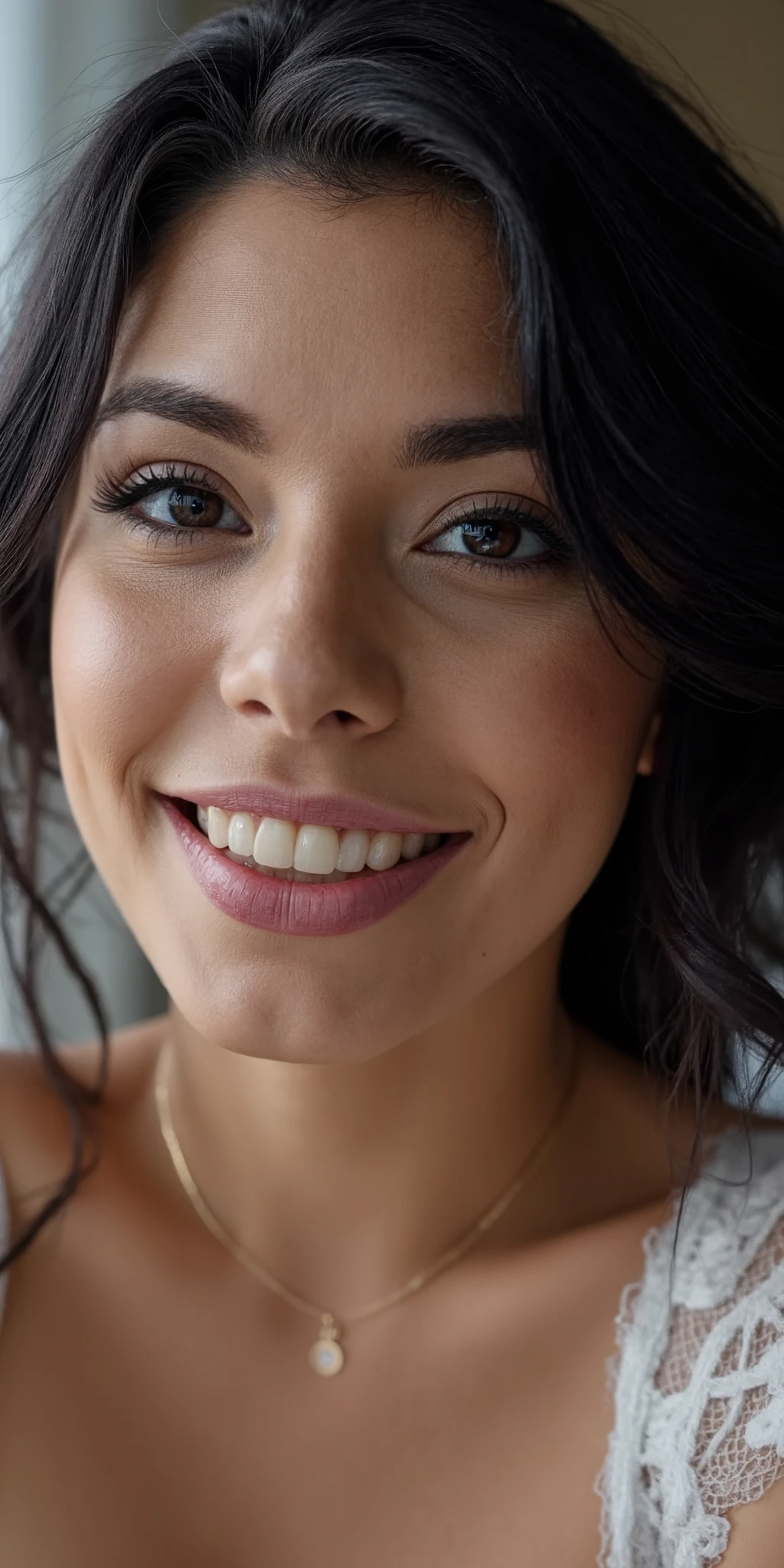 Photo époustouflante, imperfections, petit sourire, collier, regardant par-dessus les épaules, cils, détail des cheveux fins, toute la coiffure visible, yeux parfaits avec motif d'iris, lèvres sensuelles, nez, (Parfaitement net:1.3), textures réalistes, (mise au point profonde, mise au point sur l'arrière-plan:1.5), décolleté profond. 8k uhd, reflex numérique, Image de très haute qualité, grain de film, Fujifilm XT3