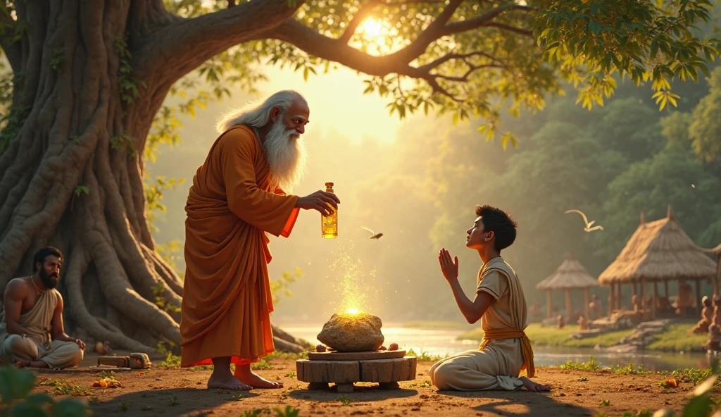 First image saint bathing in pond representing indian saint of mythology from mahabharat. Second image of lord krishna eating one piece of rice from a luxurious empty pot vanishing the hunger of those saints at pond