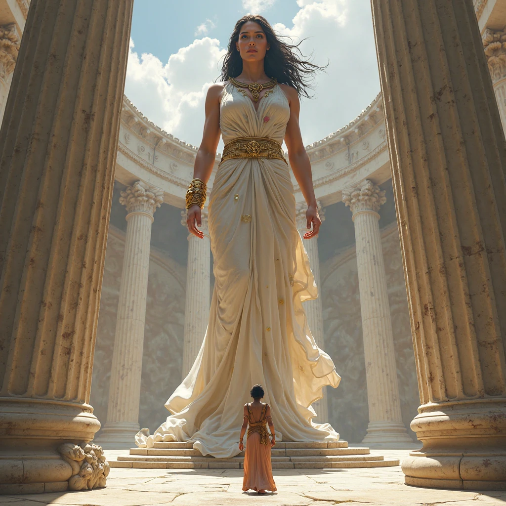 Athena godess of wistome stand before the Beautiful priestress of temple of olympus wearing white long gawn beautiful blak hair kneeling