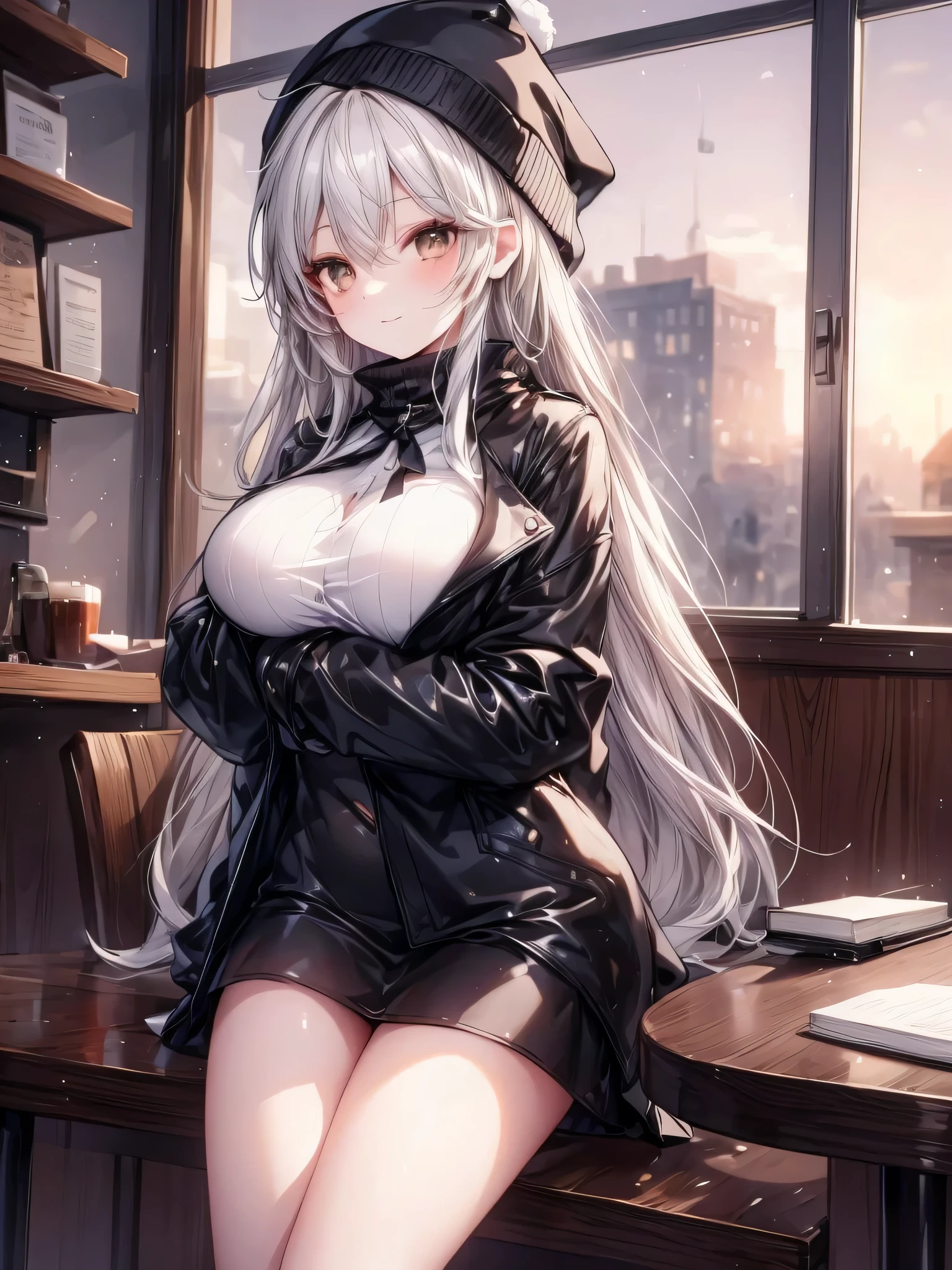 最high quality、best image quality、masterpiece、teenage girl((18-year-old、 By becoming、vest bust、medium bust,wide open breast tea、black eye, gray hair、long hair、thin,highest valley、Black Y-shirt、Black Recruit Suit,Have a document、face forward、sit on a chair、Uncomfortable、take one day off&#39;jaw on one&#39;jaw、leaning forward)),high quality、beautiful art、background((company office))debris flies、Depth of written boundary、movie、visual art、perfect art、8K,genuine