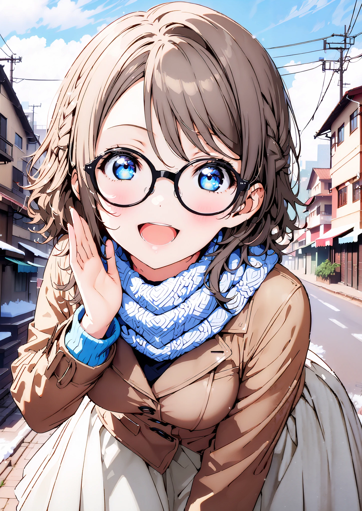 score_9, score_8_up, score_7_up, Alone, 1 girl, Watanabe, short hair,Medium breast,half updo,Glasses,smile,opens her mouth,white breath,blush, duffle coat,(sweater :1.2),( turtleneck:1.2),blue scarf , white long skirt,shoes, snow boots ,snow,morning,standing,full bodyがイラストに入るように,
break outdoors, residential area,
break looking at viewer,full body,
break (masterpiece:1.2),Highest quality , kampala, Unity 8K Wallpaper ,(shape:0.8),( fine, beautiful eyes :1.6),It's a person ,full body写真,CG Details , (perfect hands, complete anatomy),