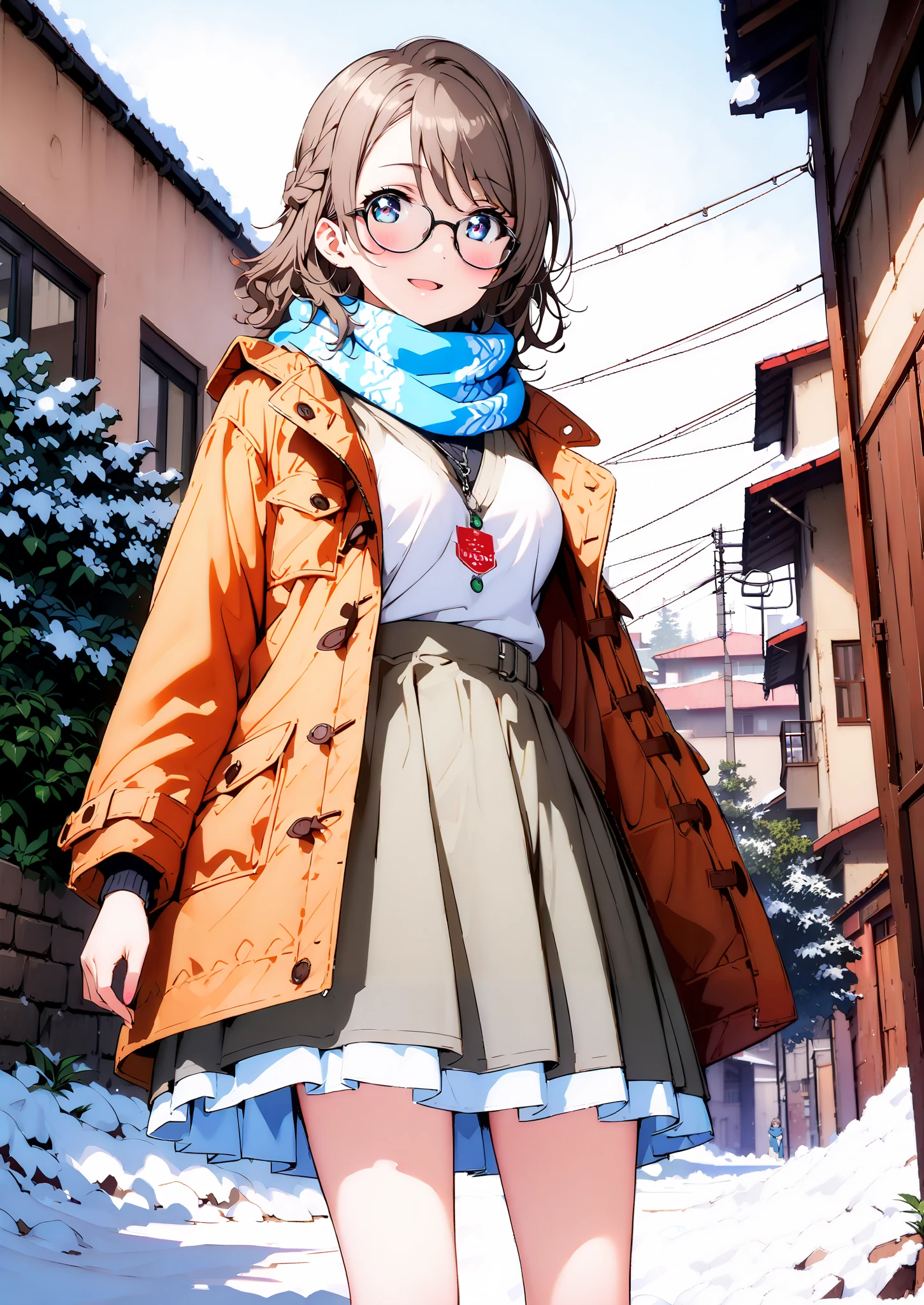 score_9, score_8_up, score_7_up, Alone, 1 girl, Watanabe, short hair,Medium breast,half updo,Glasses,smile,opens her mouth,white breath,blush, duffle coat,(sweater :1.2),( turtleneck:1.2),blue scarf , white long skirt,shoes, snow boots ,snow,morning,standing,full bodyがイラストに入るように,
break outdoors, residential area,
break looking at viewer,full body,
break (masterpiece:1.2),Highest quality , kampala, Unity 8K Wallpaper ,(shape:0.8),( fine, beautiful eyes :1.6),It's a person ,full body写真,CG Details , (perfect hands, complete anatomy),