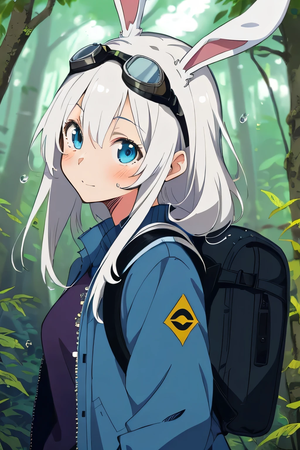(best-quality:0.8), perfect anime illustration, 1girl, solo, long white hair, cyborg, (bunny ears, goggles on head, blue jacket, wearing a small backpack, hiking through a forest), mecha, automaton, creature, plant sprout, blossoms, raindrops, spring, magic, (close up), advntr