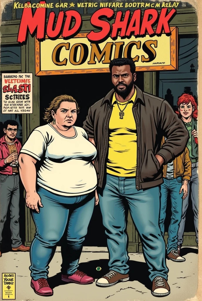 Retro comic book cover, “MUD SHARK COMICS”, a poor overweight white girl with her black gangsta boy friend, in front of welfare office, a few s behaving poorly, classic comic book font, show price and publisher logo 