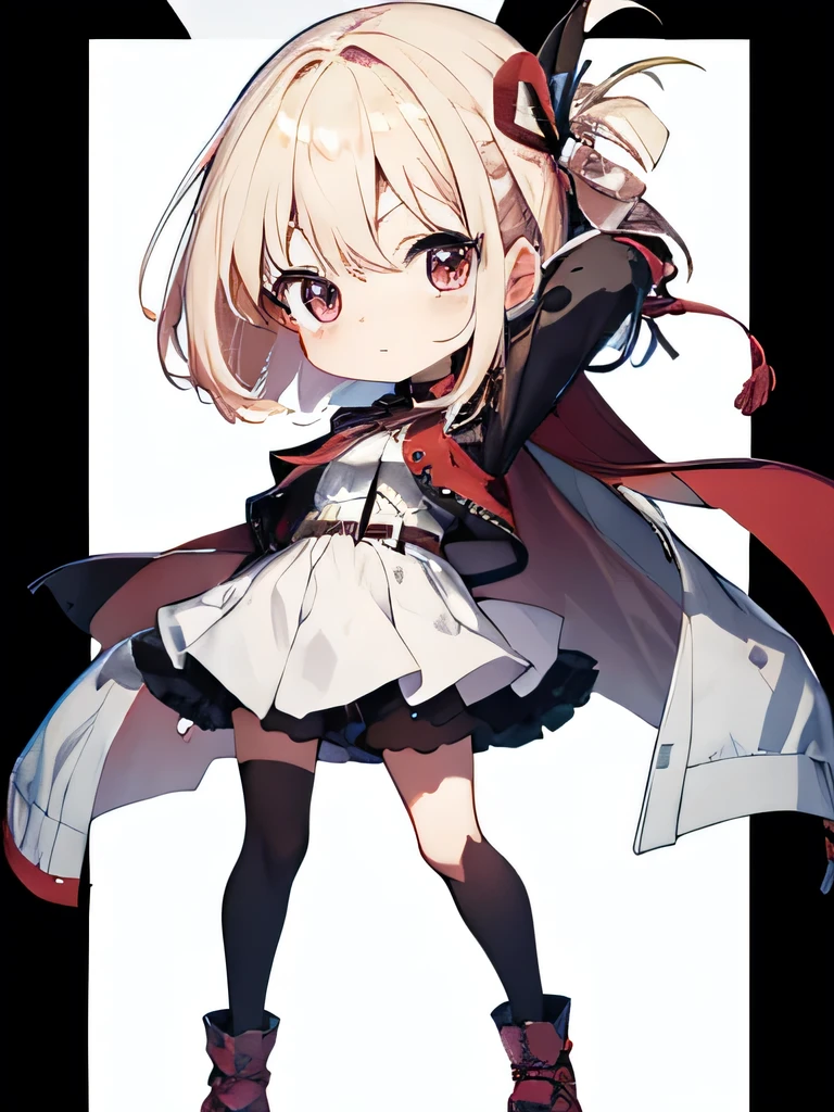 One girl in anime、Beige hair、Eye color red、Twin tails、Simple hair ribbon、Black large hoodie、Background white、Simple background、