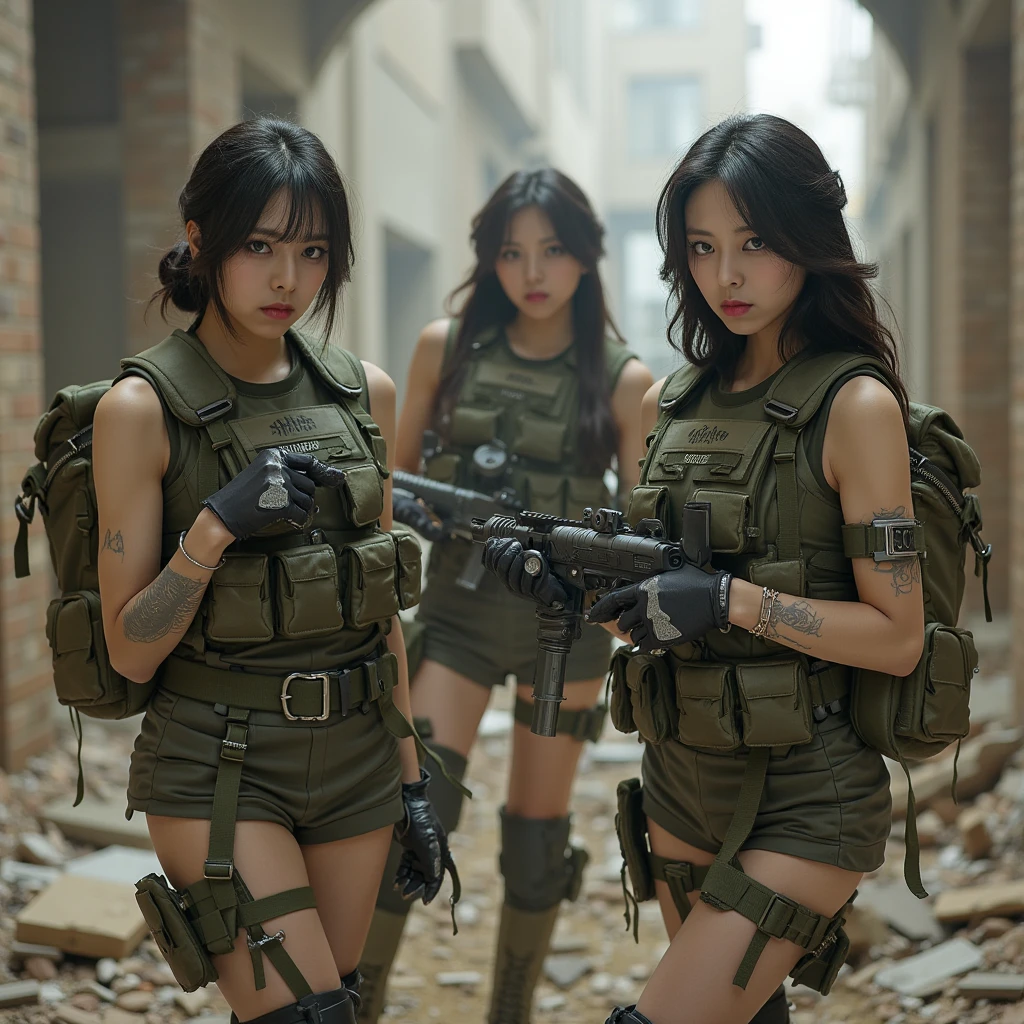 Sexy black long-haired female warrior,miltary,Armed personnel,Wearing a naked,full bodyesbian,Pose from head to toe,Big breasts and big buttocks,Big breasts and fat buttocks,Very exposed,Leak points,Lewdness,Tattered military equipment,Firearms weapons,Shooting,survive,with rifle, infantry girls,bandagens,equip,military girl